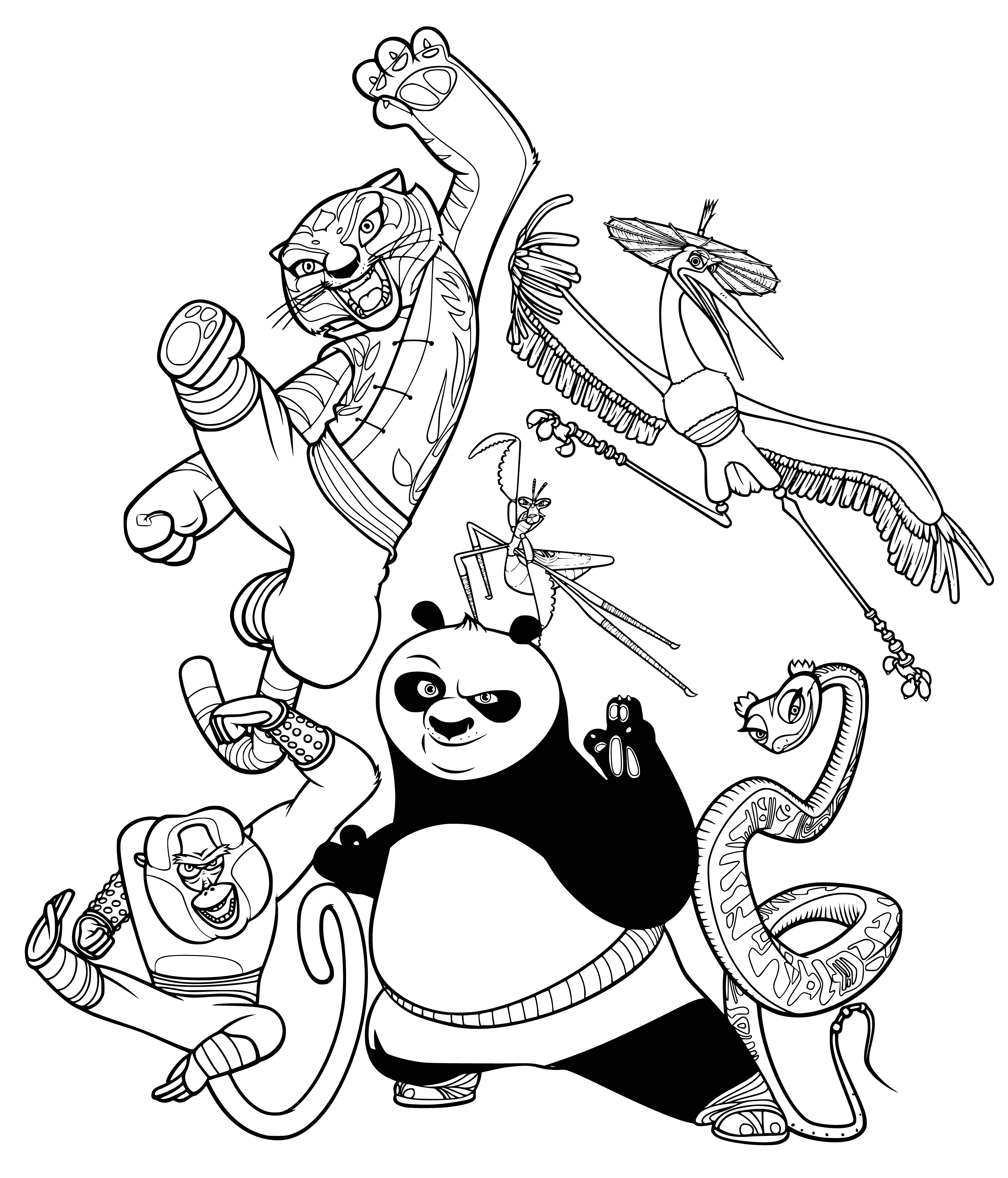 coloring page: Po & Five are posing with fists up, determined looks on their faces. #KungFuPanda