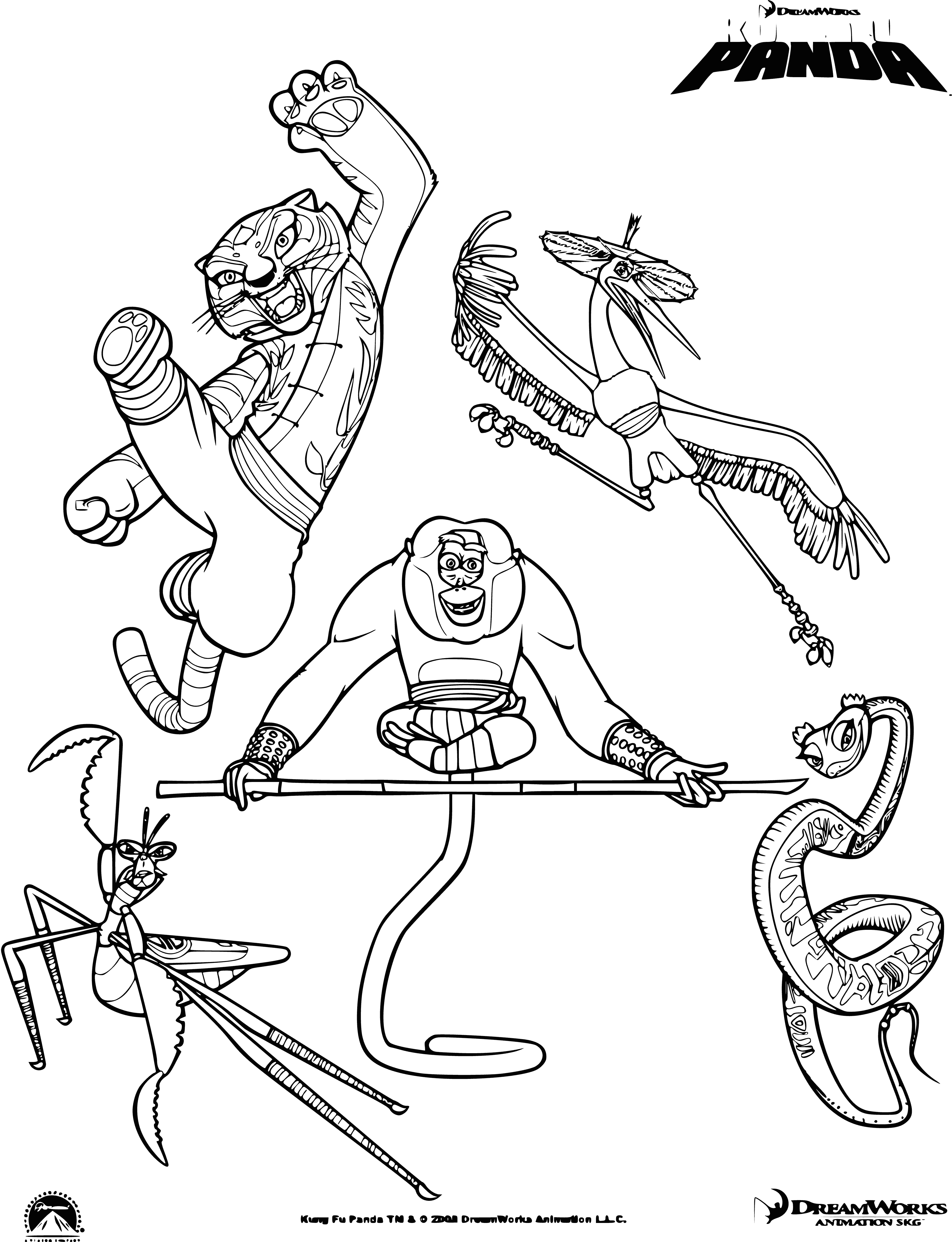 coloring page: Kung Fu Panda: Five martial arts masters in mid-air perform dynamic action posing. Different weapons & attire. Intense martial arts action!