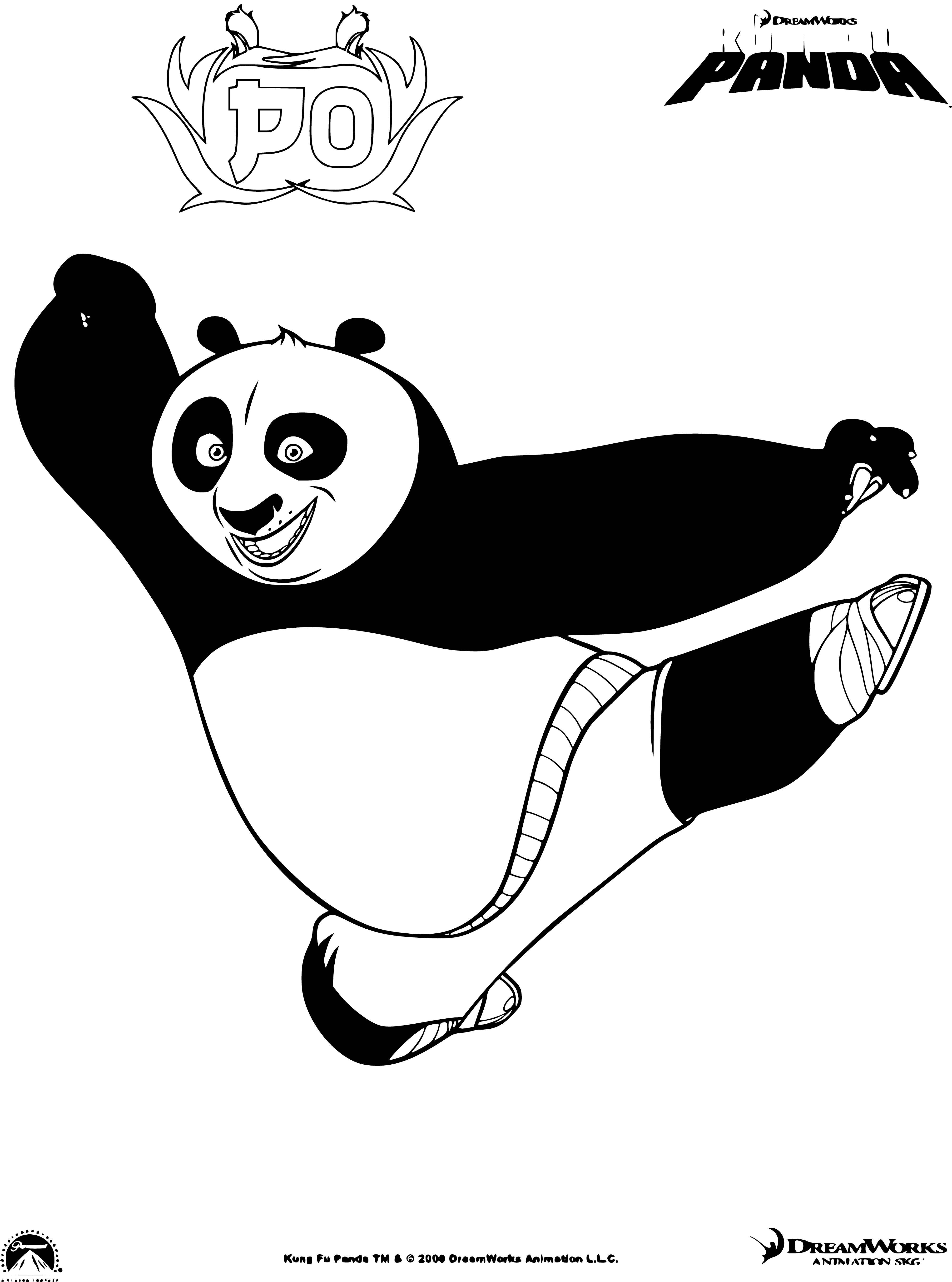 coloring page: The Kung Fu Panda is a furry creature with black & white fur, standing on hind legs & using its paws to punch & kick. #KungFuPanda