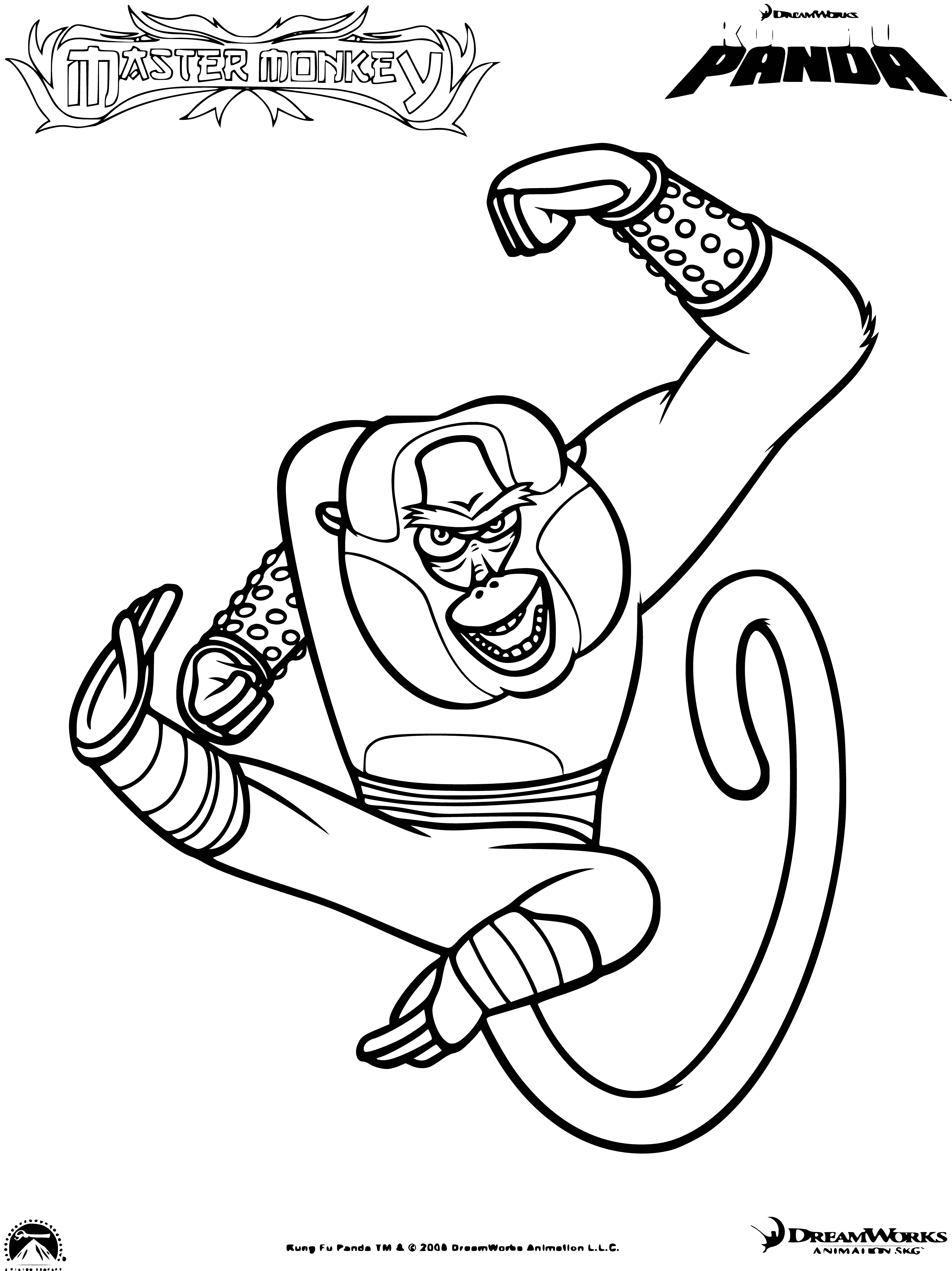 coloring page: A mighty Kung Fu Monkey standing at the ready, as the sun sets and casts a shadow, ready to pounce. #KungFuMonkey