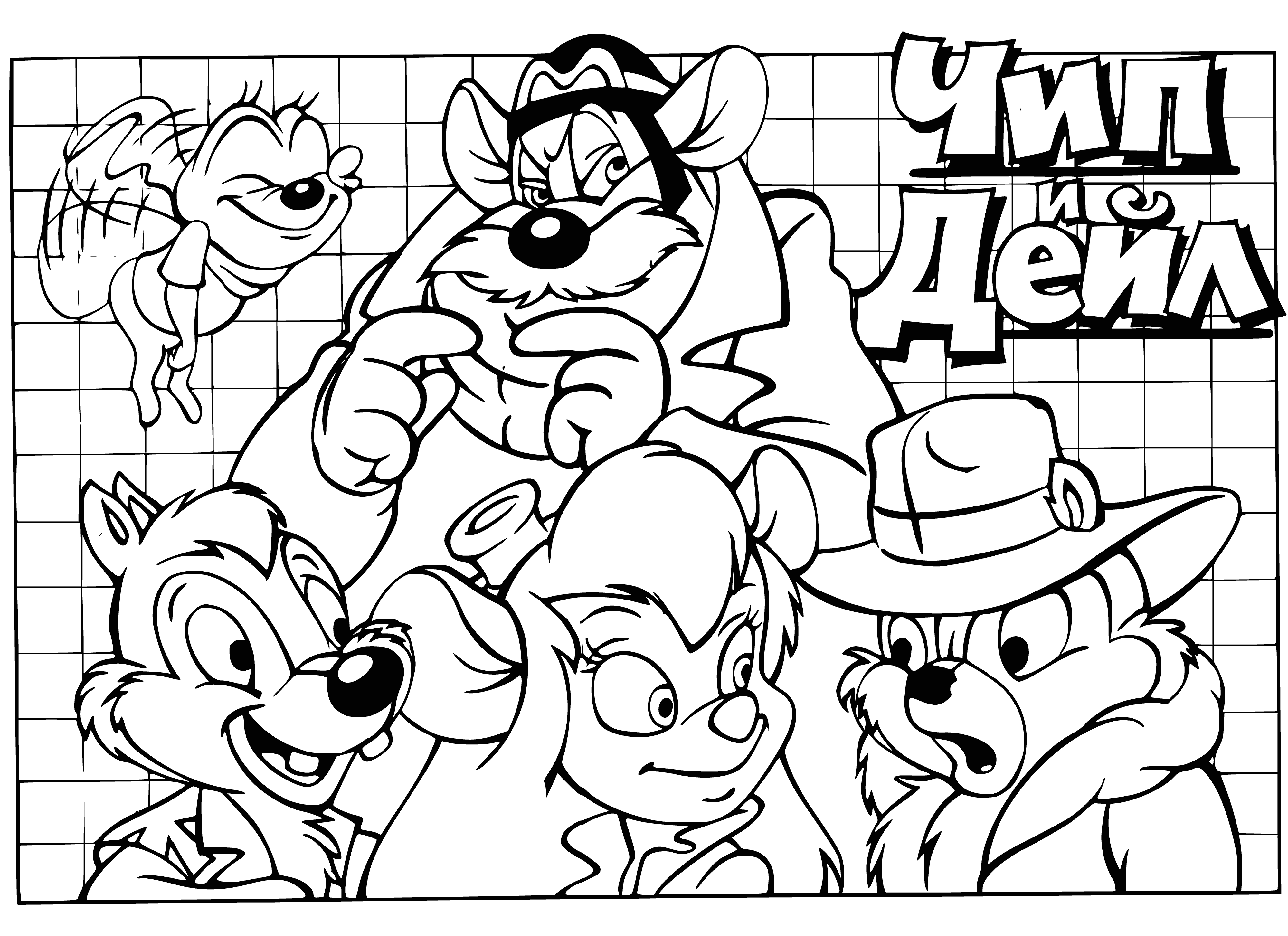 coloring page: Chip, Dale, and two mice join forces to solve mysteries and take down villains using their resourcefulness and courage. #ChipAndDaleRescueRangers