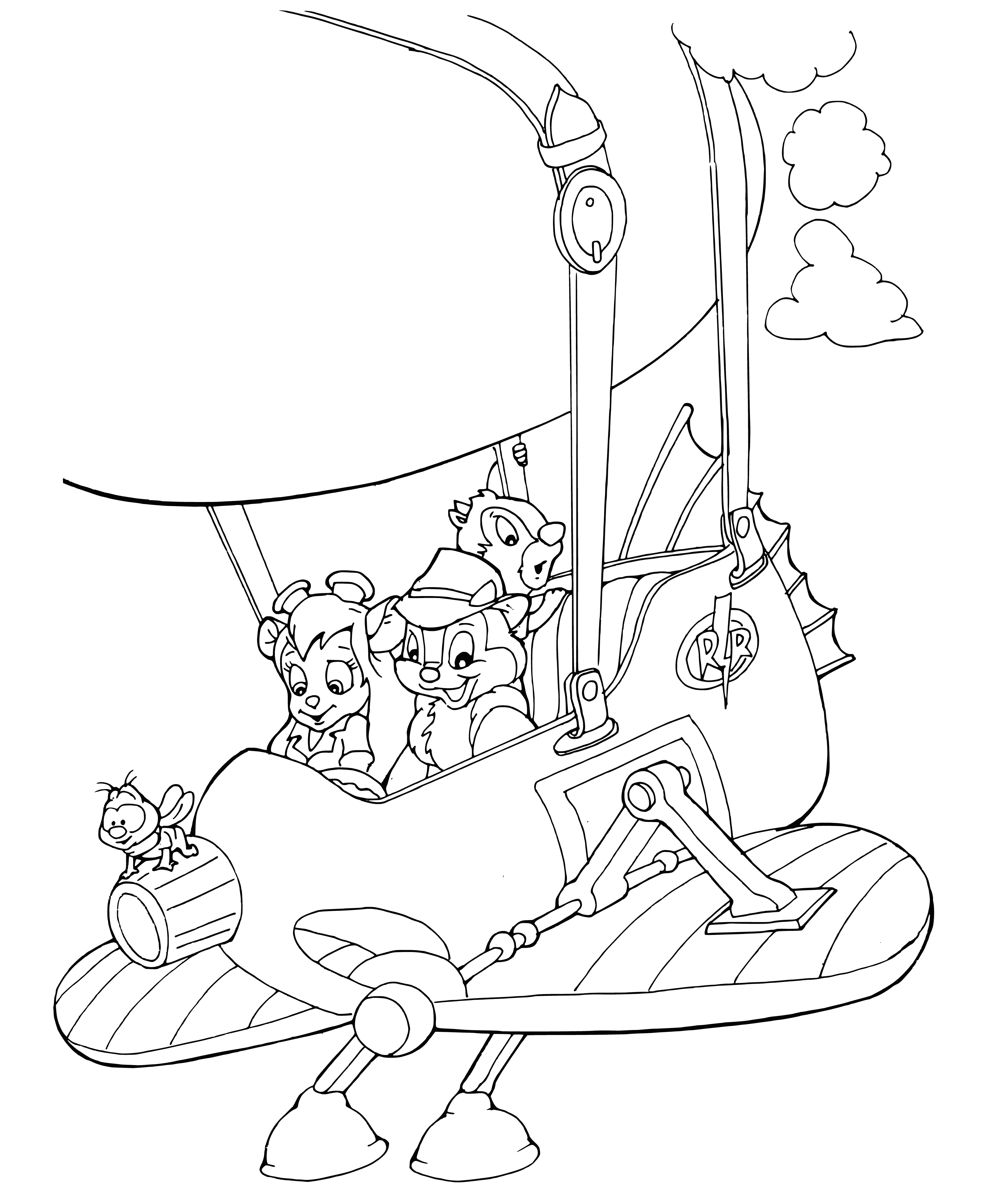 coloring page: Quirky yellow plane w/ orange wings, green tail & checkered flag; piloted by brown & tan figure; comes with grappling hooks. #ChipAndDaleRescueRangers