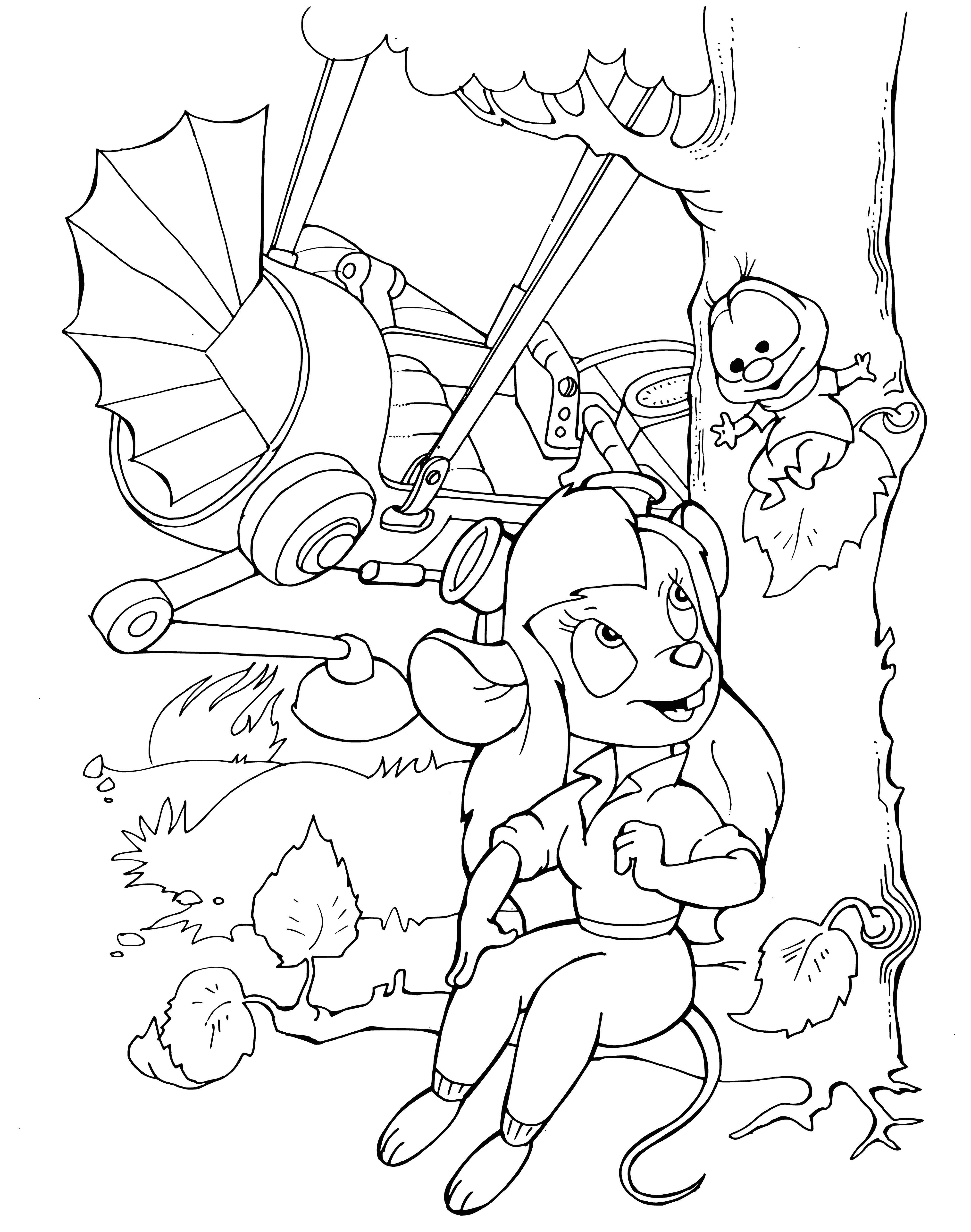 coloring page: Chipmunk pleads to woman with fire extinguisher while bird & mouse look on, concerned and annoyed.