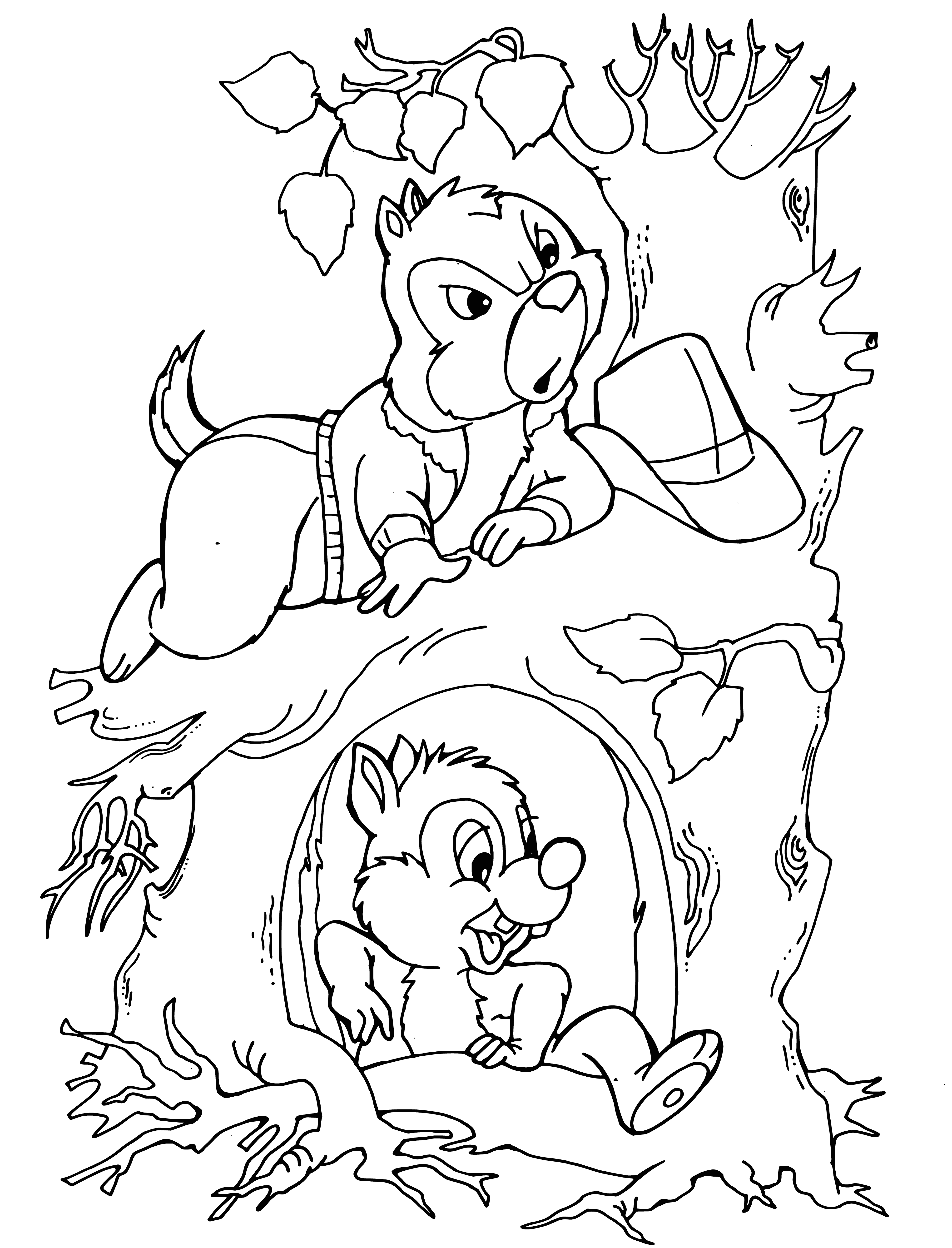 coloring page: Dale and Chip, both in ranger uniforms and with tails out, stand with one hand on their hips, facing the world with seriousness.