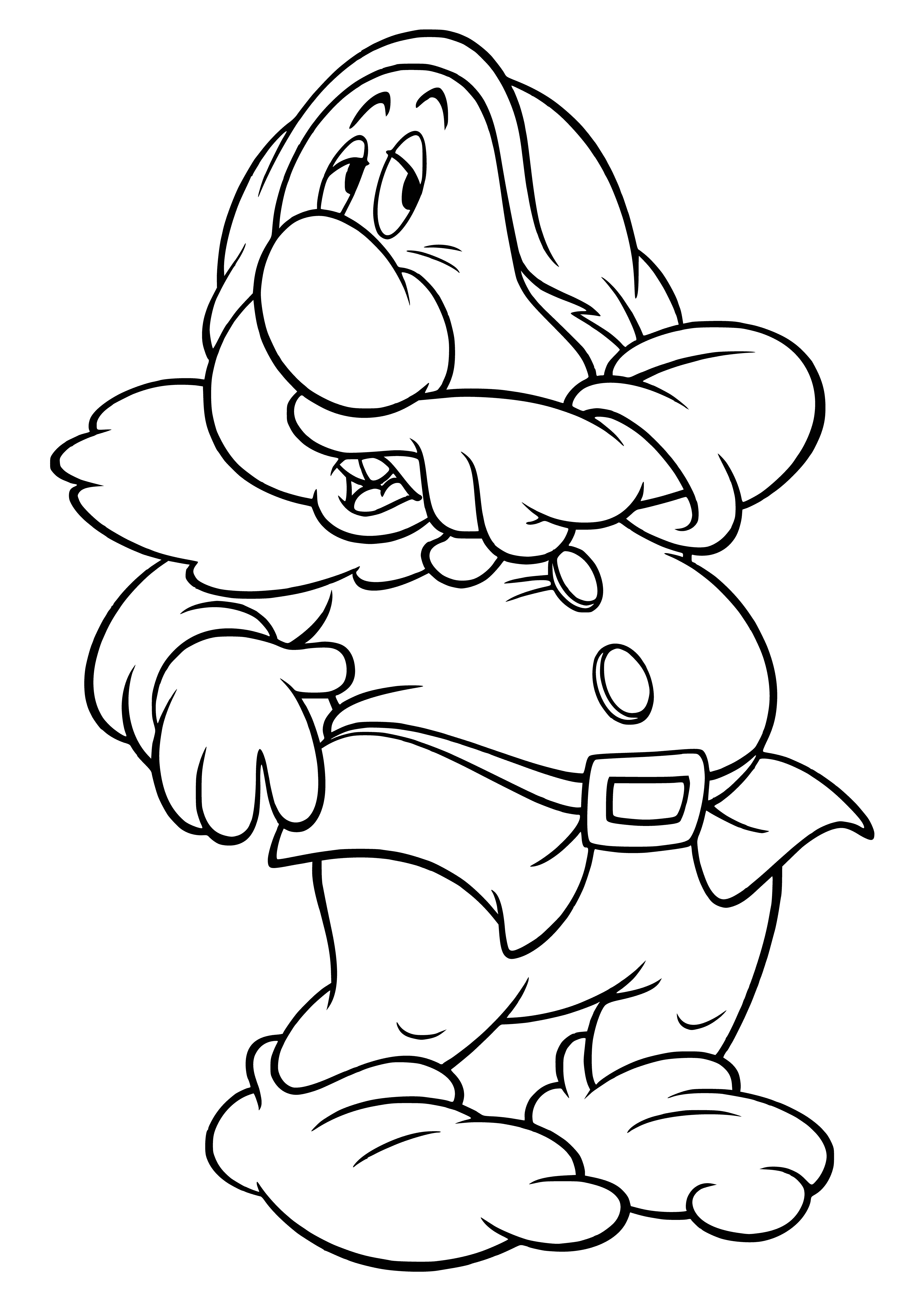coloring page: A rotund creature with an oversized head and pointy ears, wearing a cummerbund, top hat, with a staff and sack.
