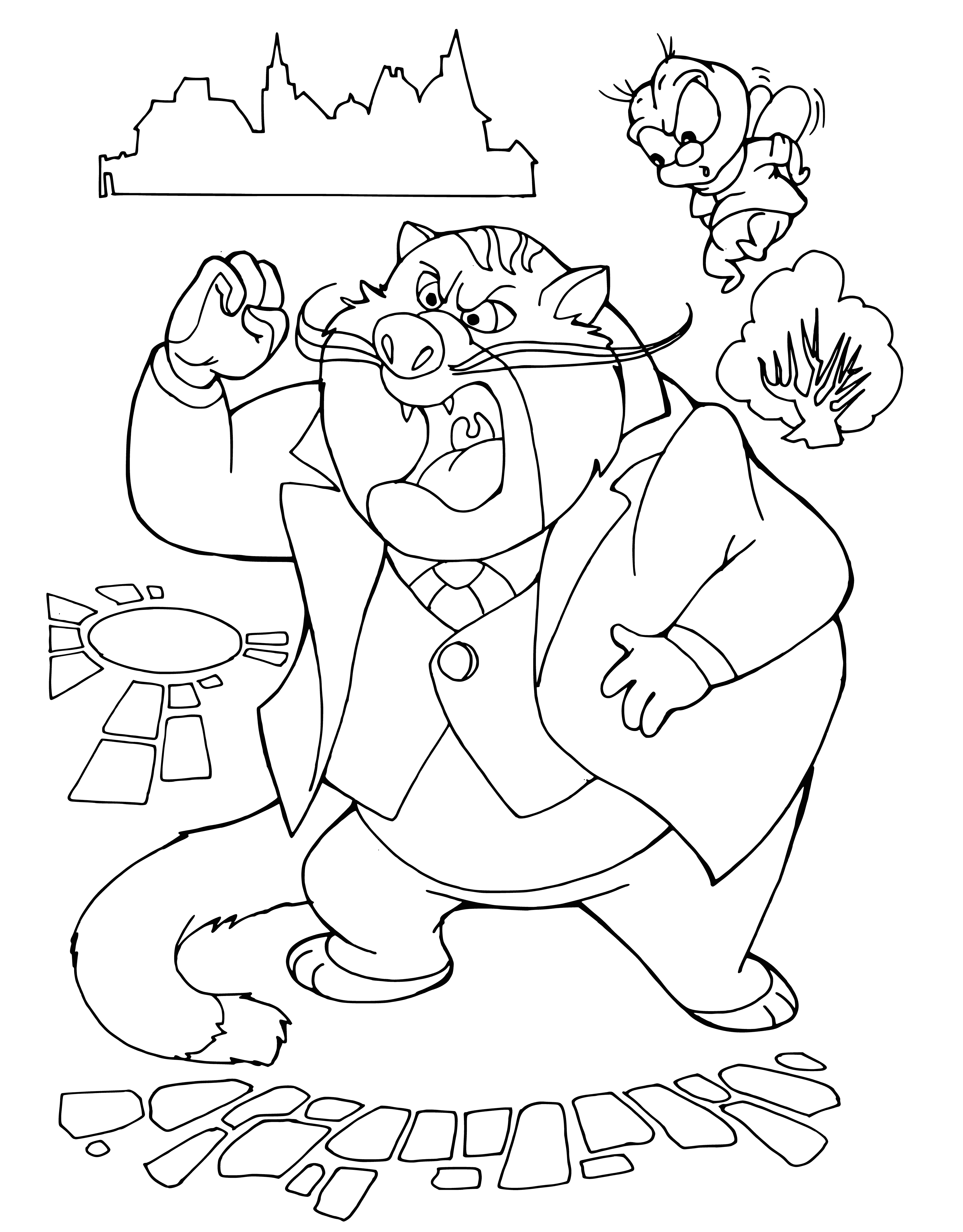 coloring page: Two rabbits and an orange cat standing on hind legs; cat holds blue bird in paws, yellow bird flying near head.