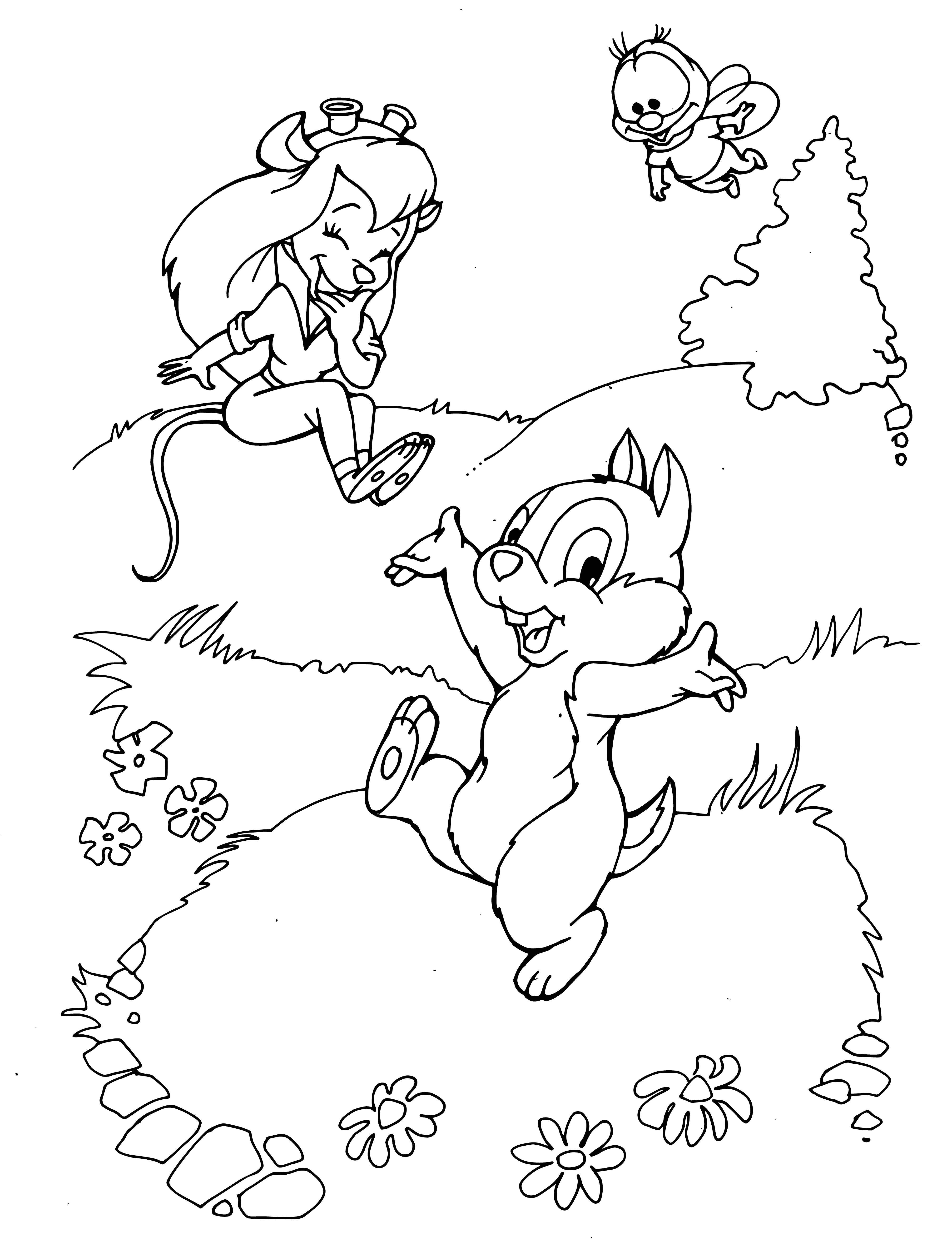 coloring page: 3 friends living together in blue shirts, red hats, white/black bellies, black eyes & brown/white noses.