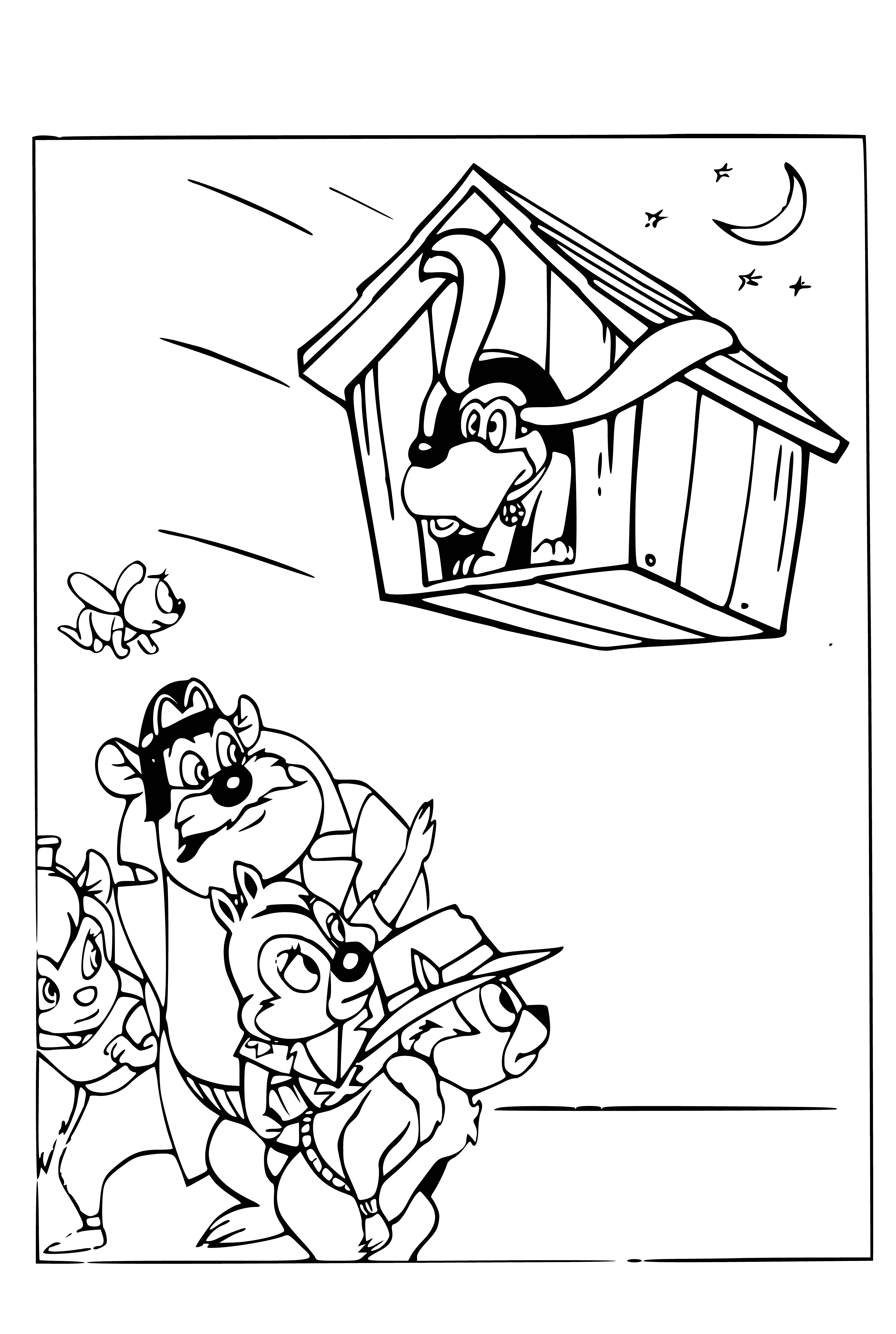 coloring page: Chipmunk & squirrel stand atop a flying kennel, looking down into it. #adventuretime