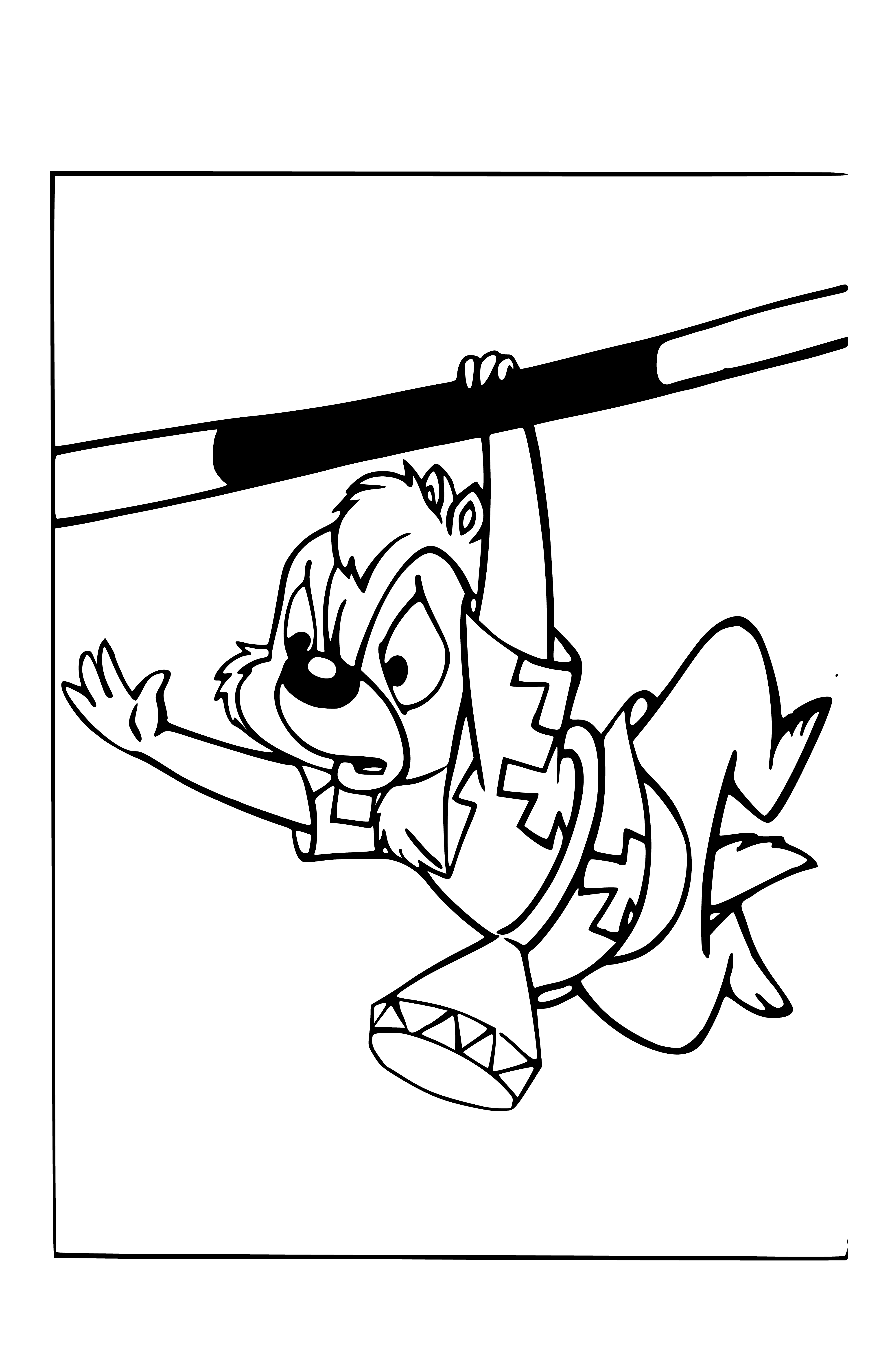 coloring page: Dale the Rescue Ranger chipmunk stands akimbo on a log wearing a backwards red baseball cap and a red & white ring.