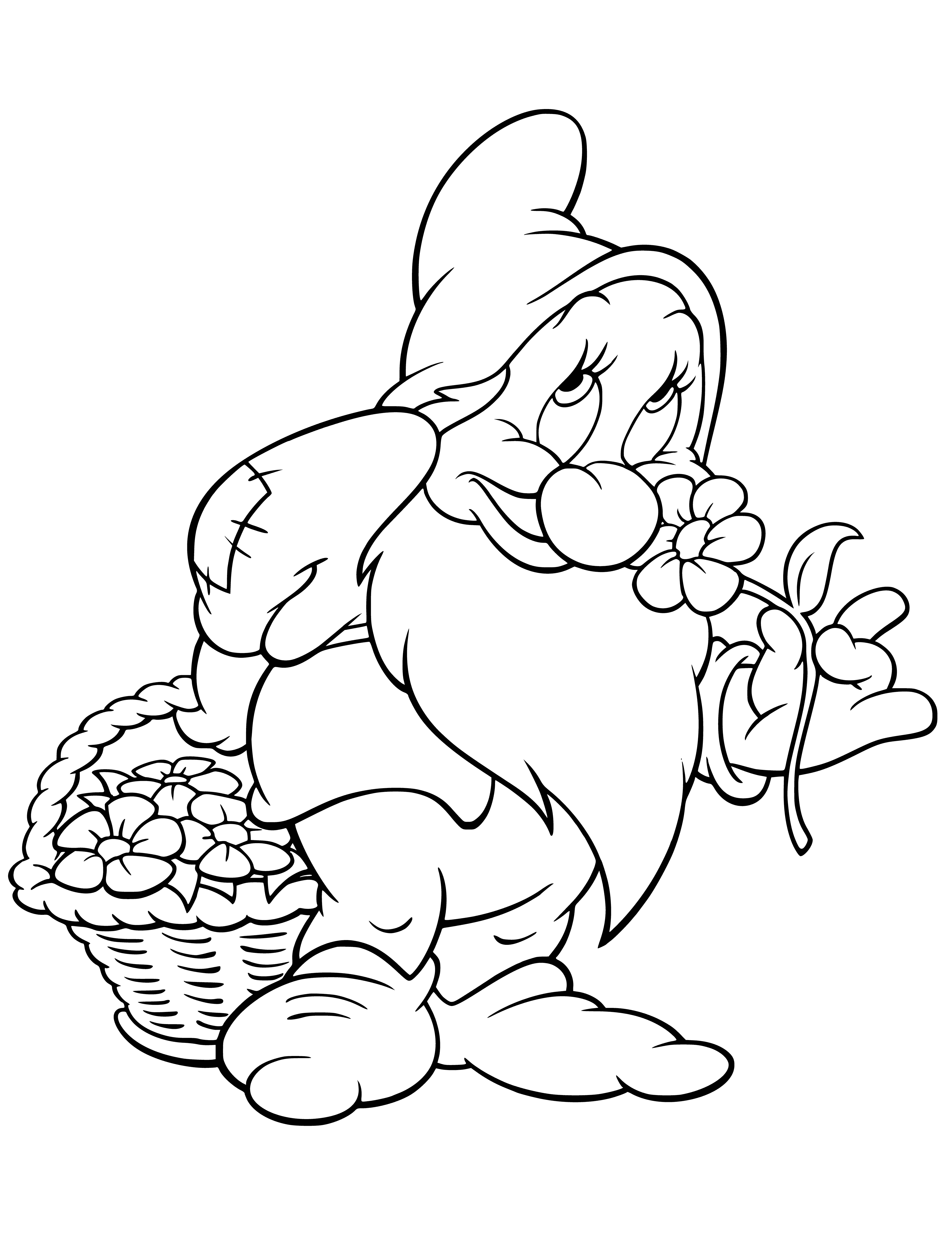 Dwarf Quiet with a basket of flowers coloring page