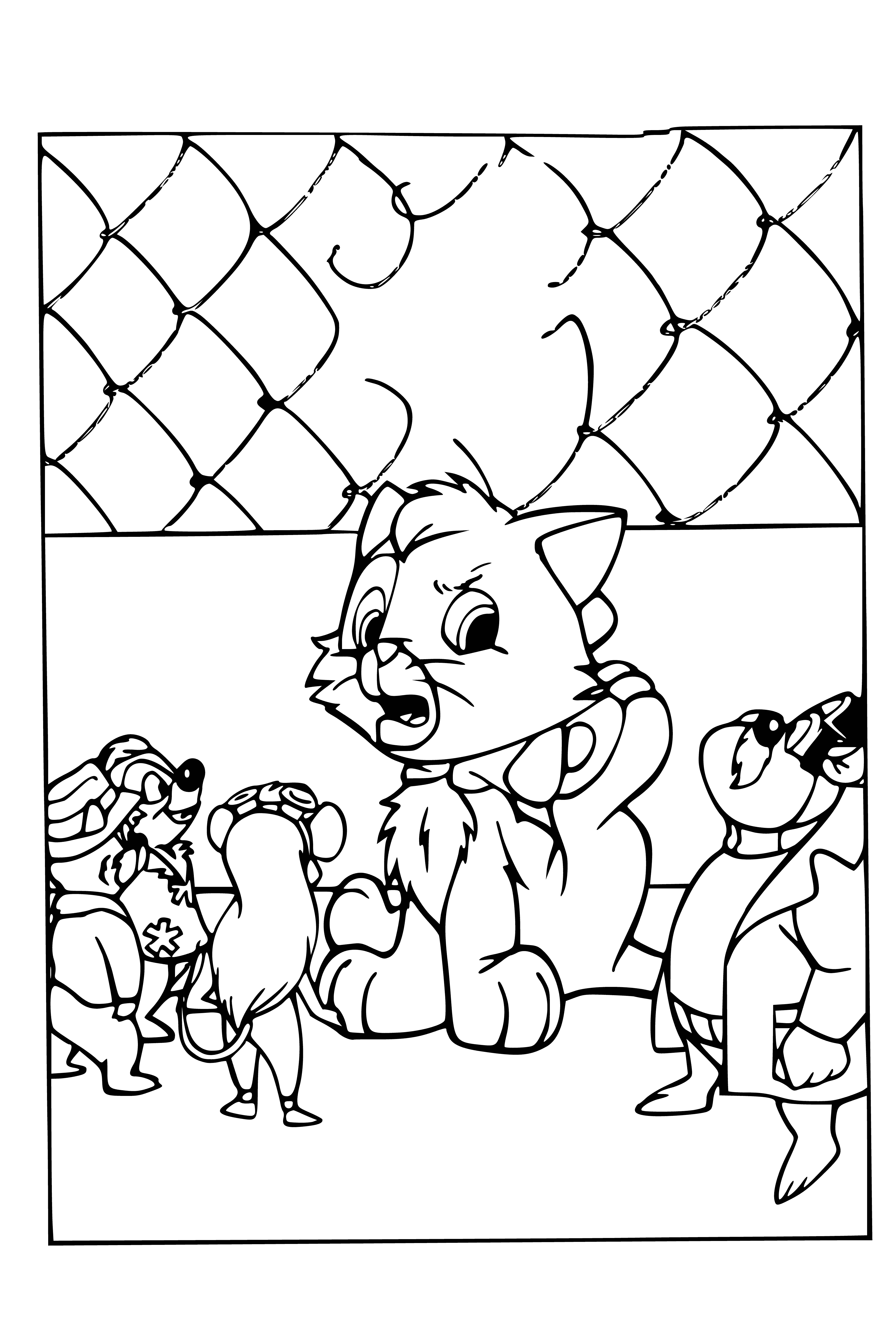 coloring page: Kitty is a beautiful, fluffy yellow & white cat with big green eyes, pink nose & white whiskers. She wears a pink bell collar.