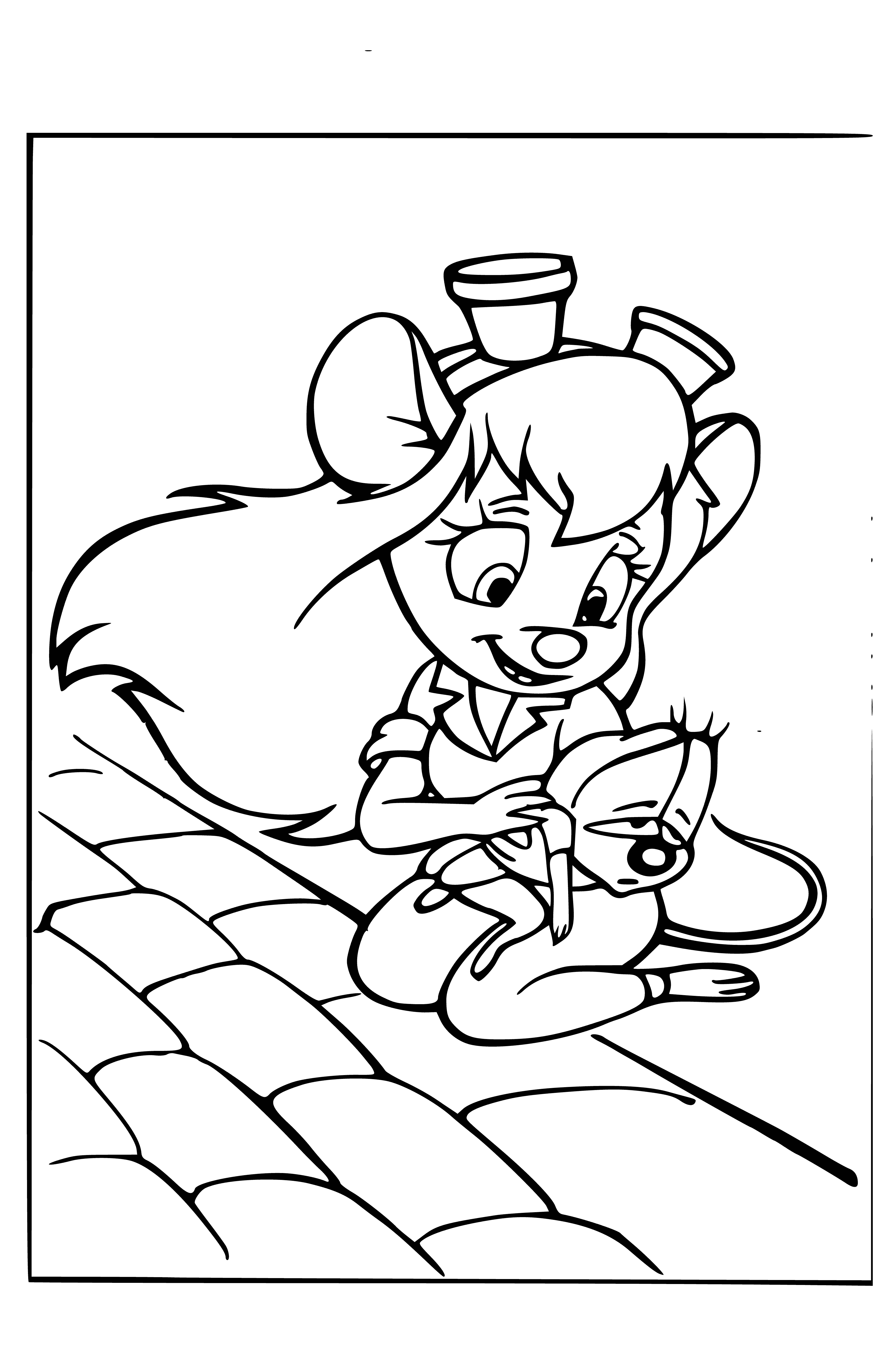 coloring page: Chip: small, big ears, brown coat; Dale: small, white coat, big black eyes; Gadget: robotic, white, blue eyes; Zipper: robotic fly, black, red eyes.