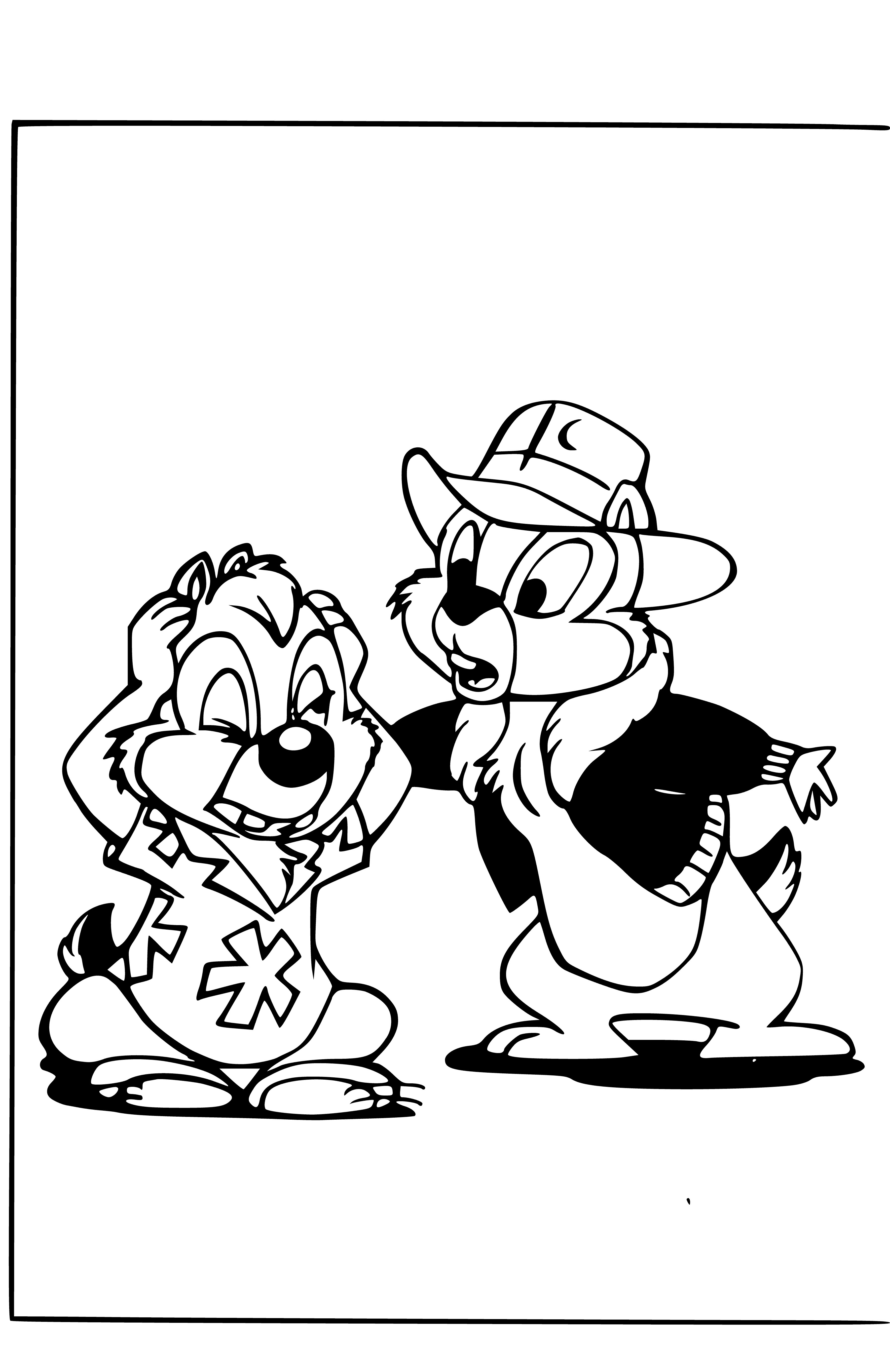 coloring page: Two chipmunks peek out with paws up & big eyes, wearing red hats with white dots.
