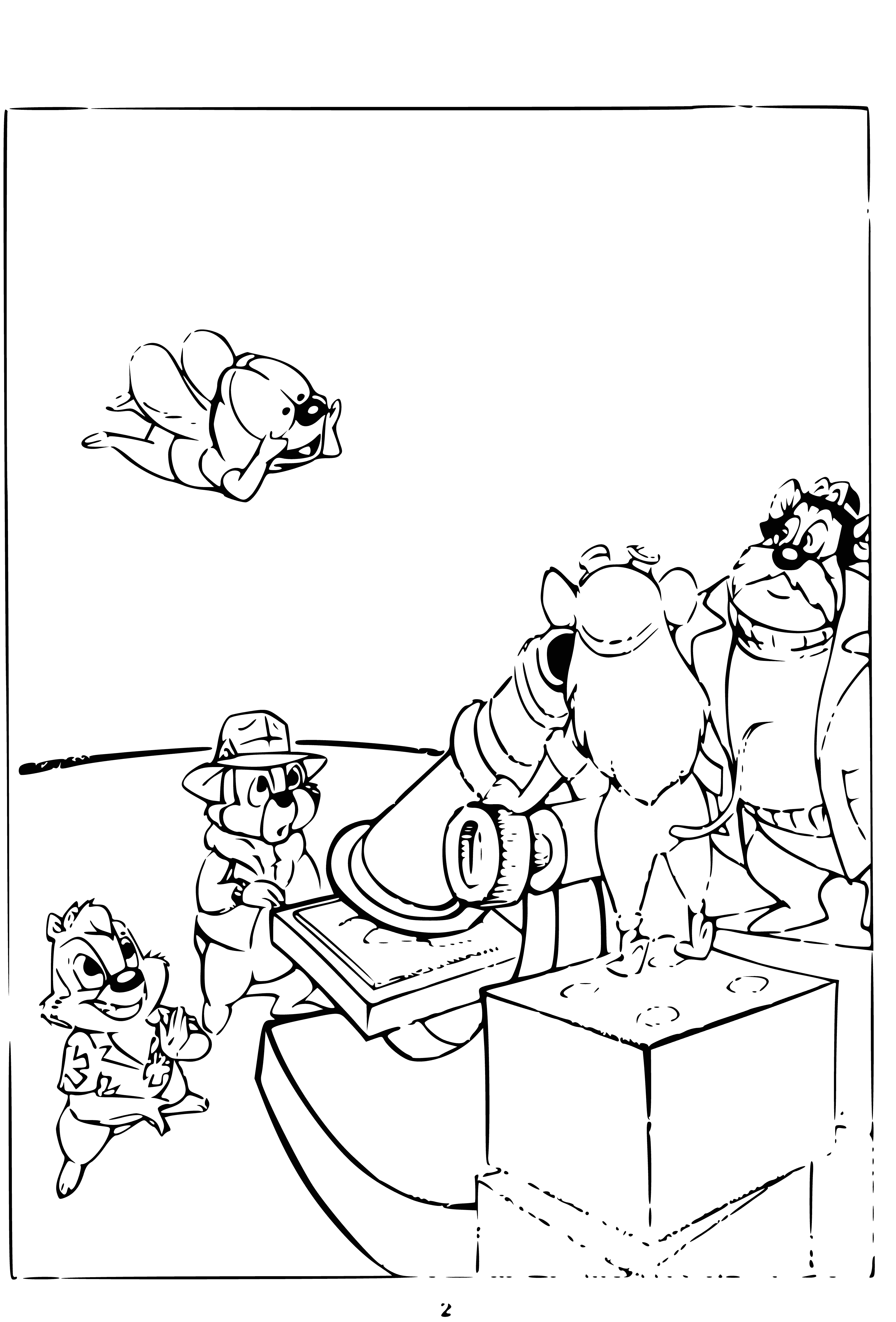 coloring page: Team gathers around microscope, faces intense and serious, looking at some unknown.