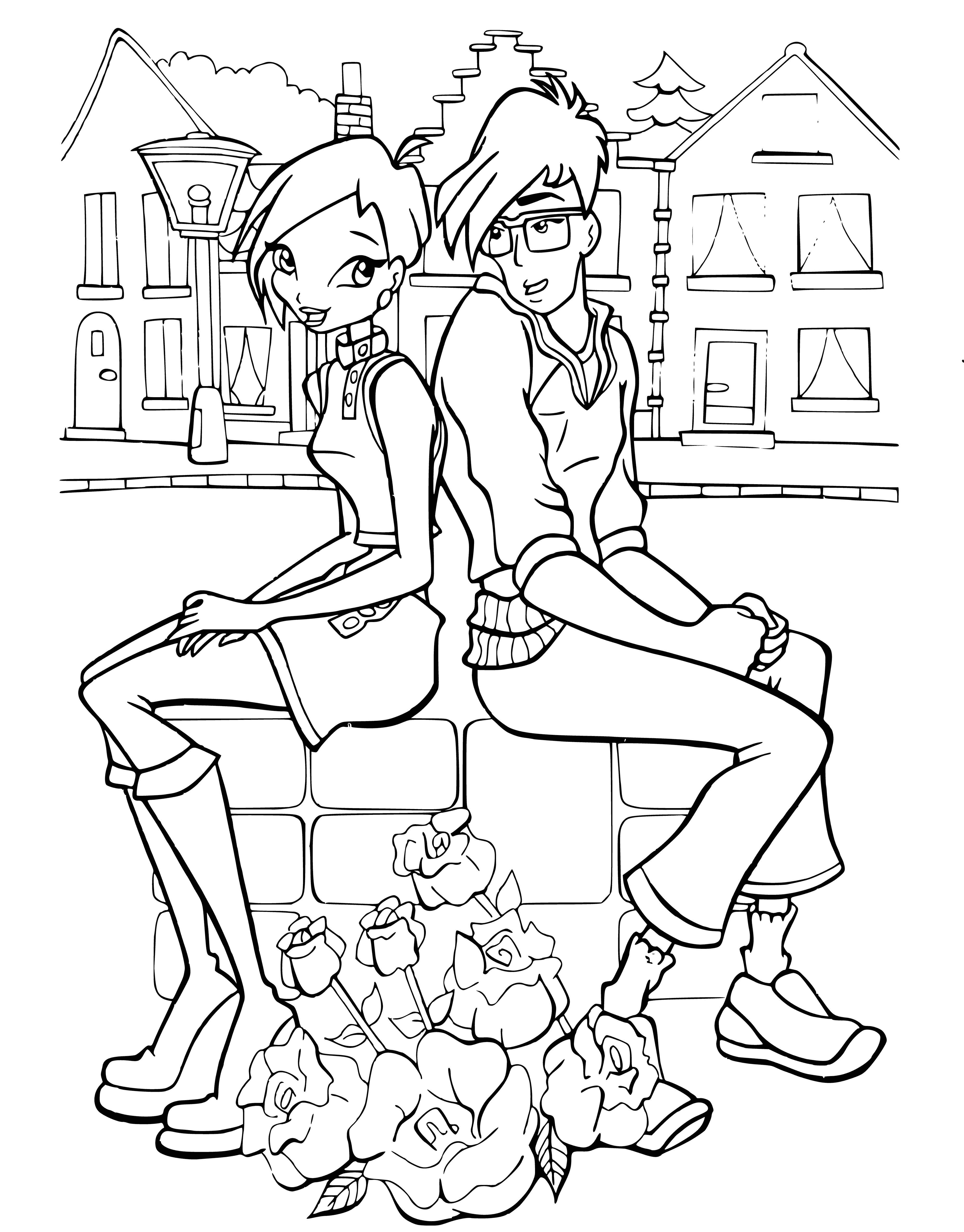 Couleur Winx: Tekna et Timmy s'assoient sur un trottoir avec des fleurs