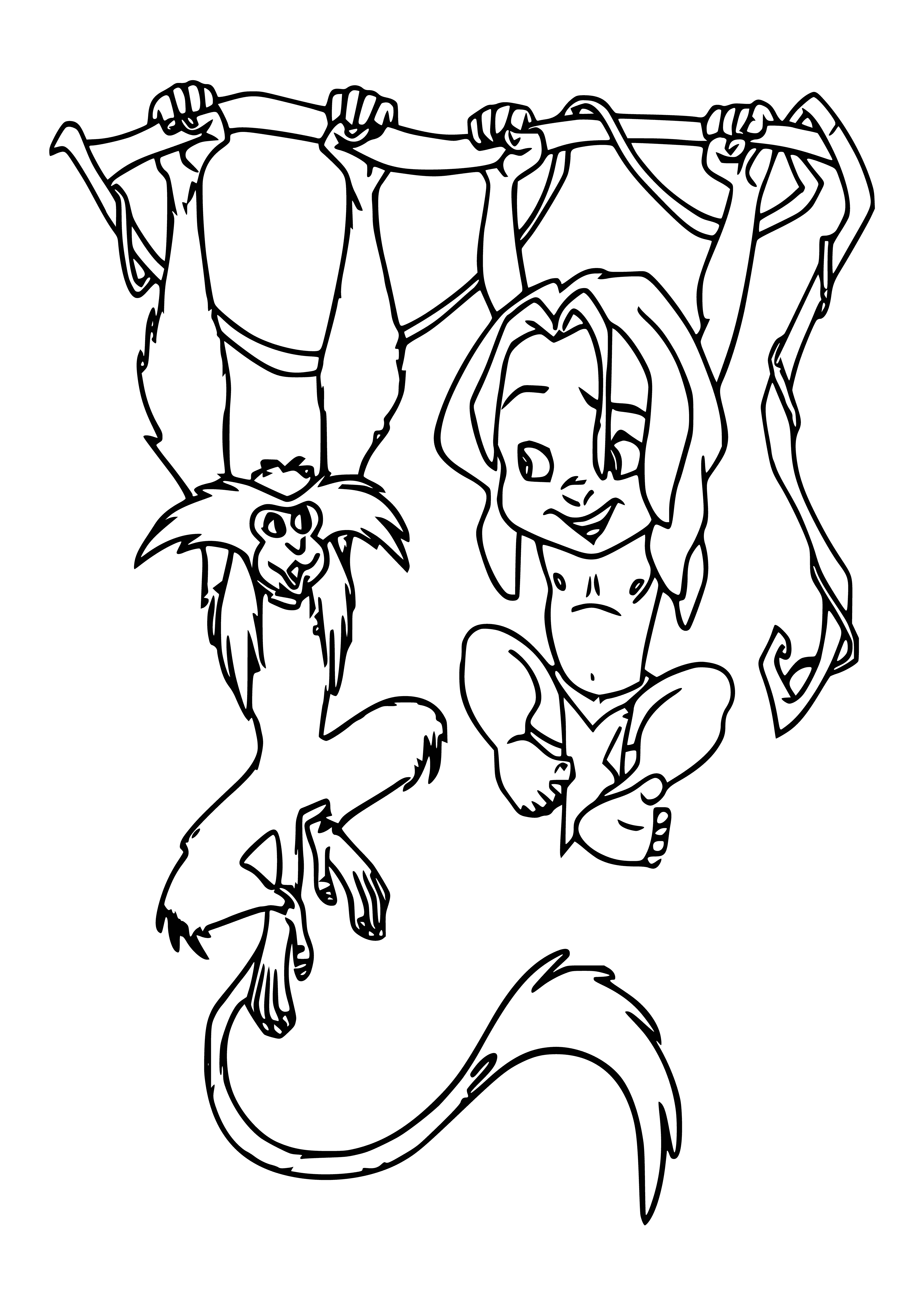 coloring page: A man and monkey hang from a vine high above the ground. The man is shirtless and powerfully built, with loincloth, long dark hair, and outstretched arm to the monkey, whose expression is hard to read.