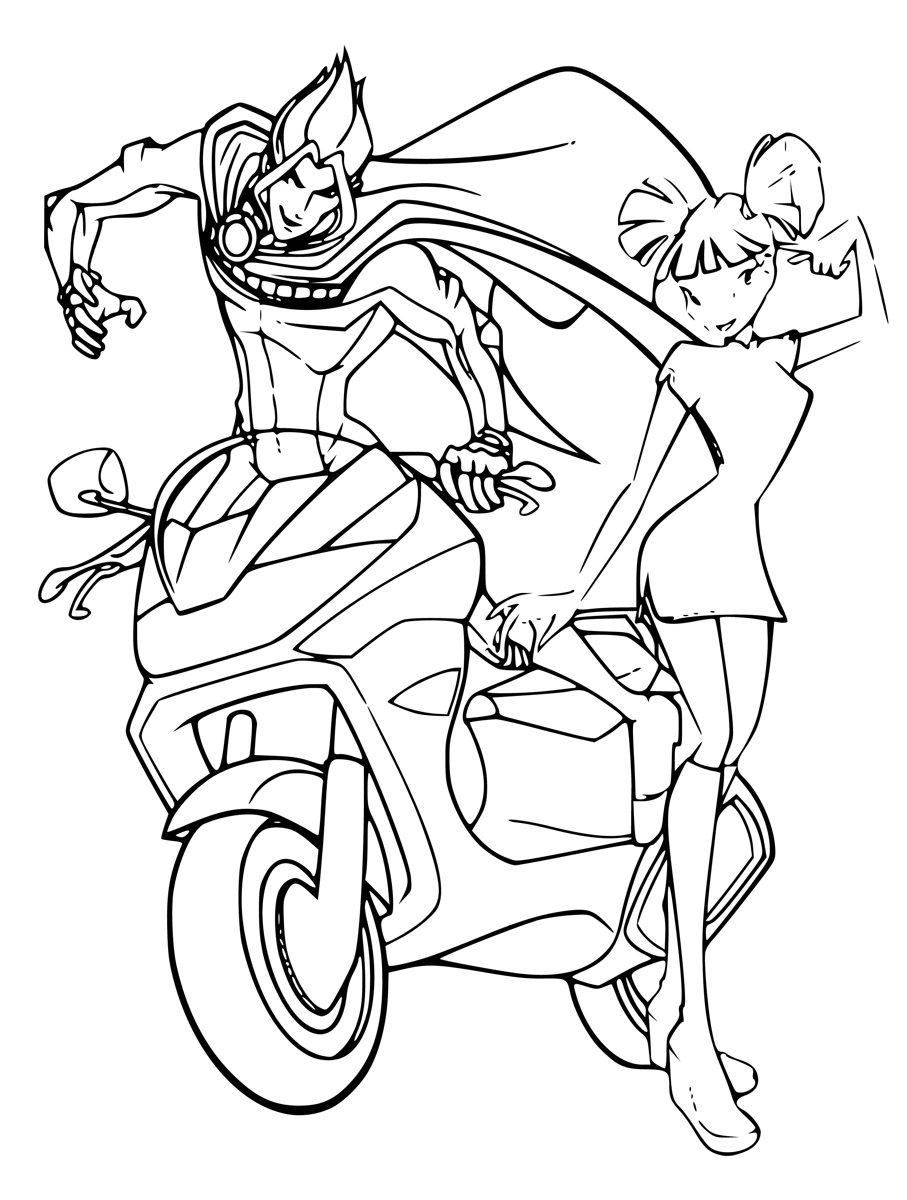 Winx para colorear: Musa y Riven en una motocicleta