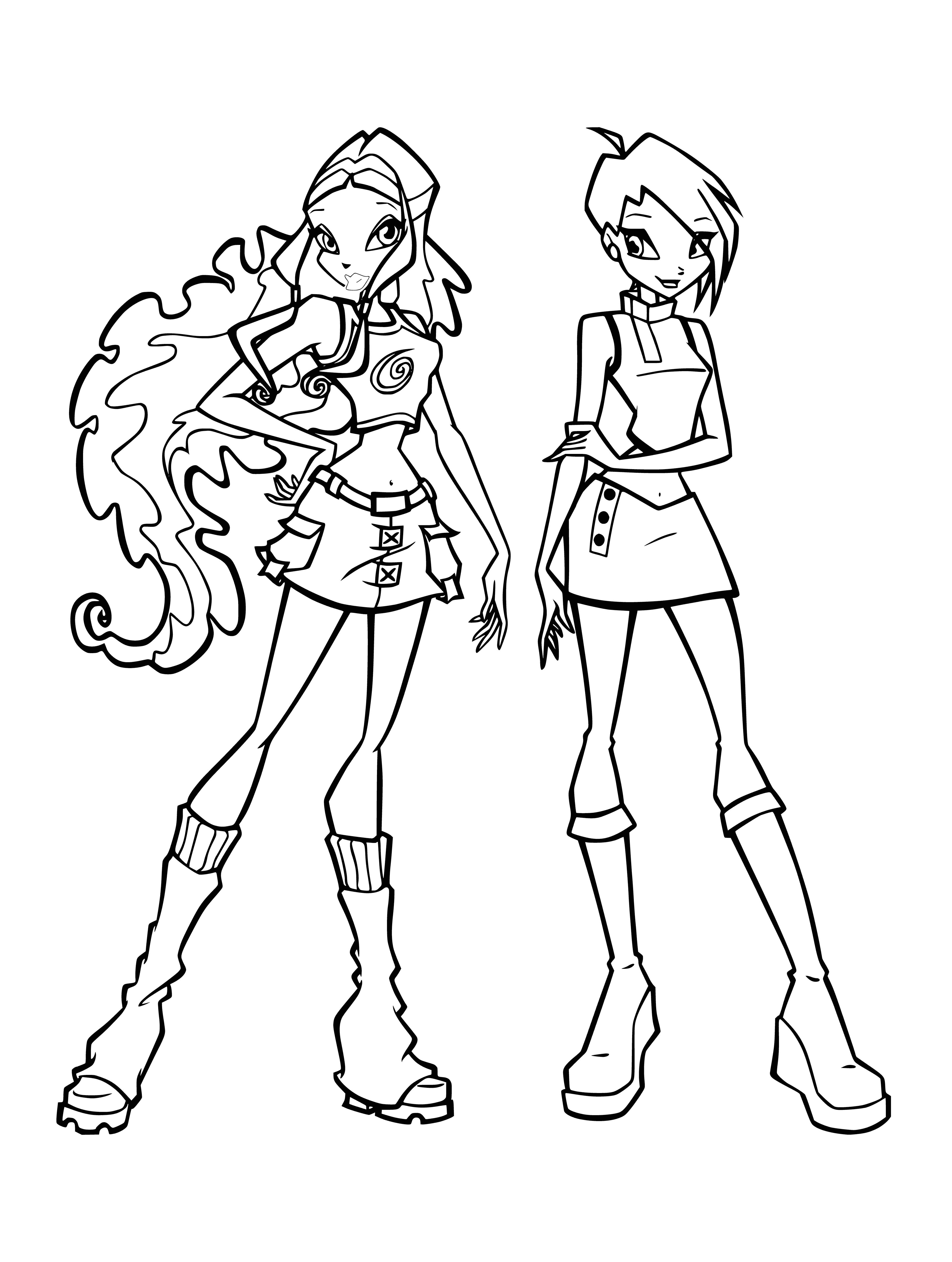 Les deux personnages de Winx : Bloom avec cheveux longs et Tecna avec courte coupe de cheveux anime