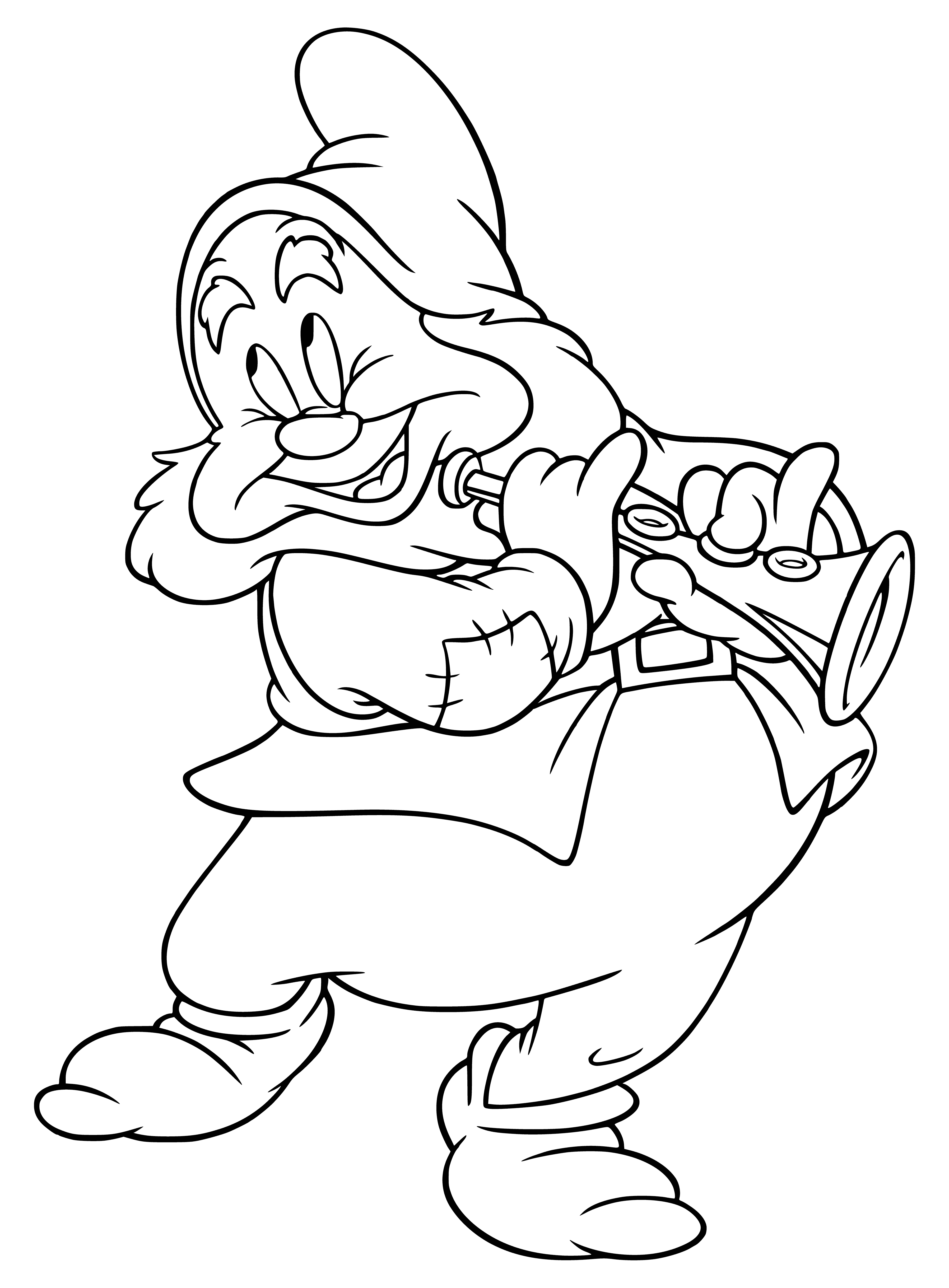 coloring page: A small grey gnome with a long beard and pointy hat is walking across a snowy hill, carrying a sack over his shoulder.