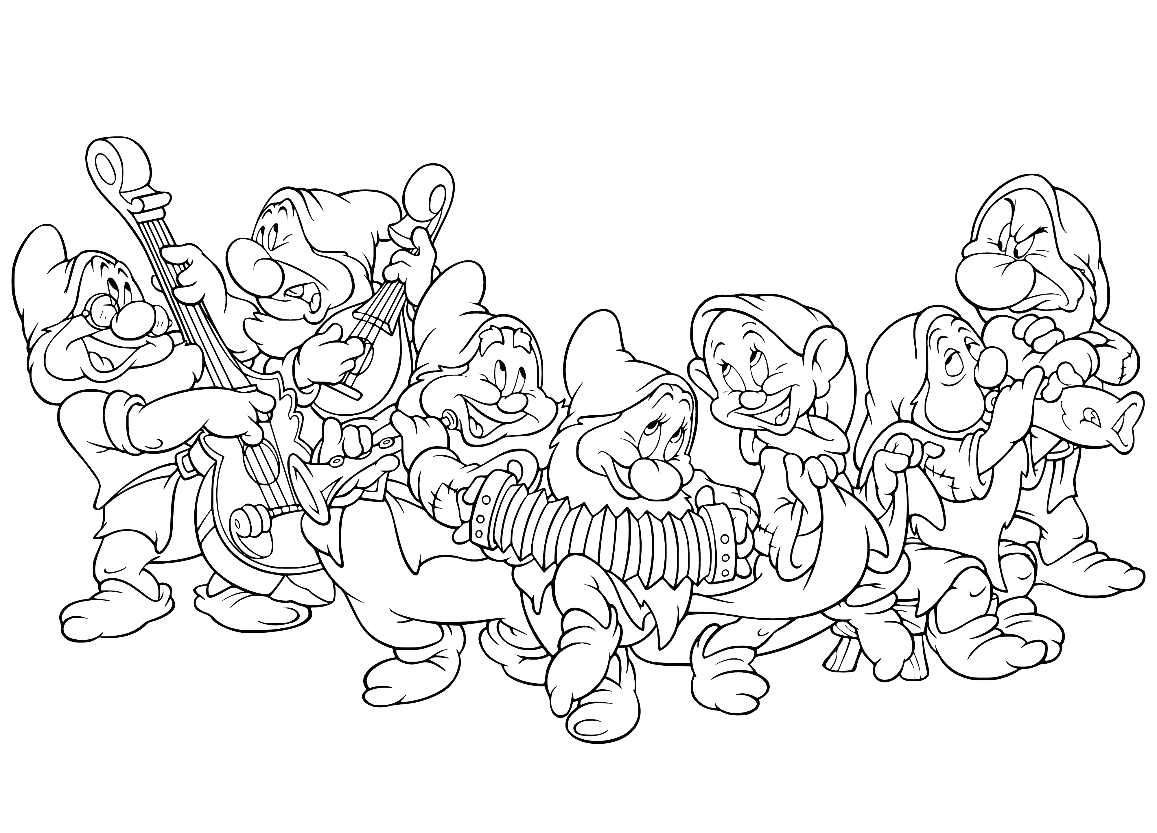 The dwarfs are having fun coloring page