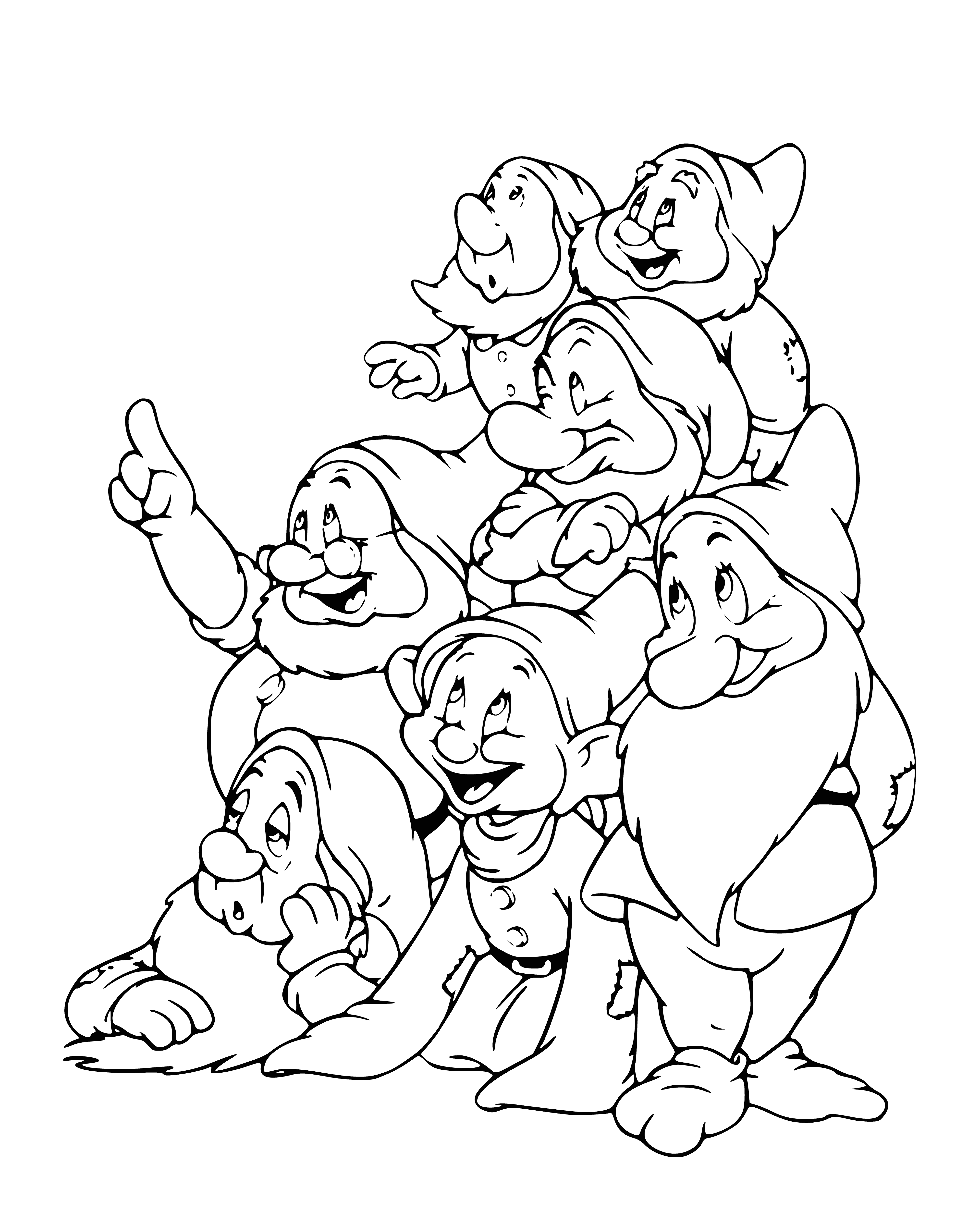 coloring page: Seven figures with large noses, beards, and hats holding axes are looking up in a line.
