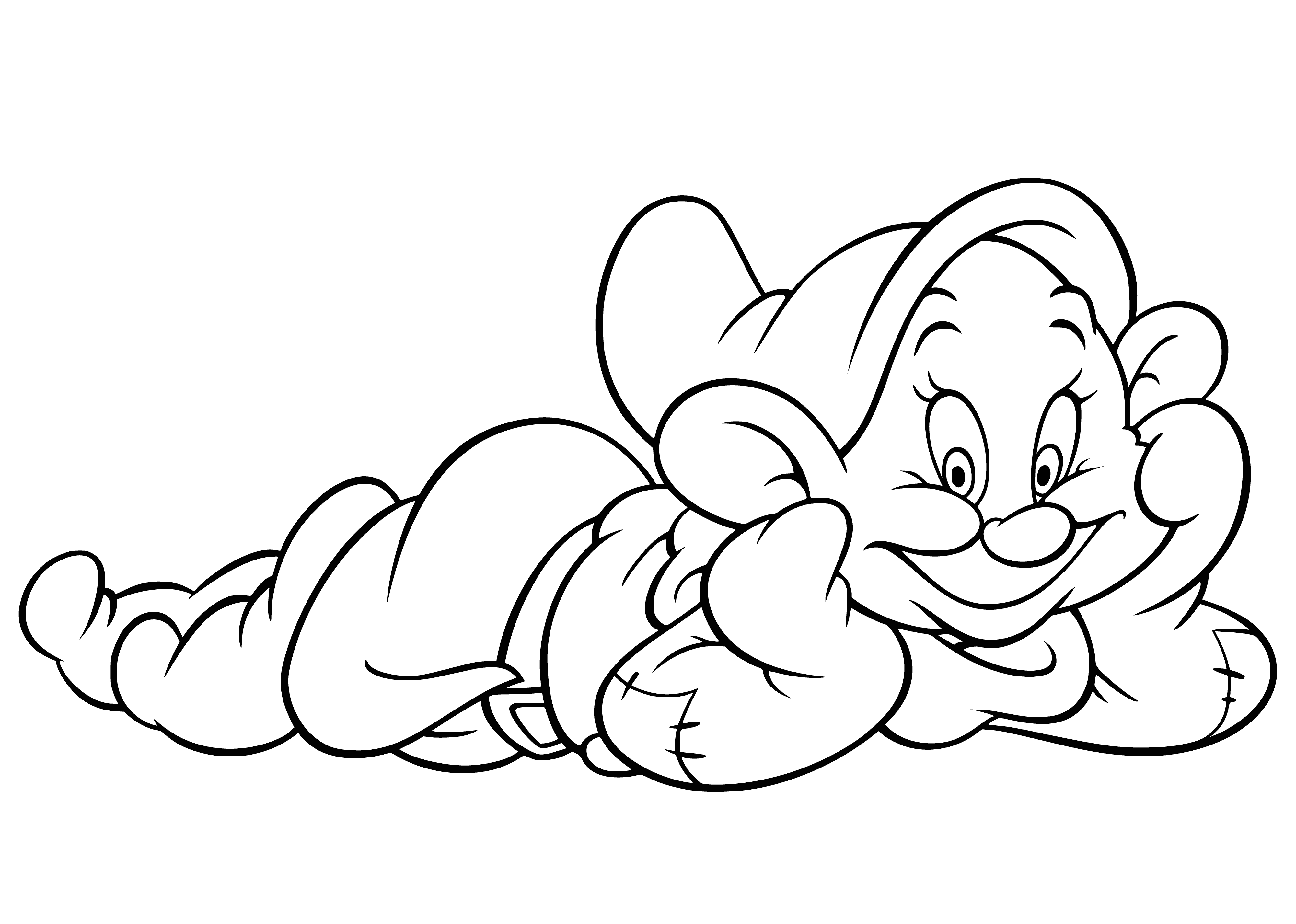 coloring page: Snow White and the Seven Dwarfs are standing in a line. Short and stocky with huge/small noses, they all wear brown pants and colored shirts (red, blue, yellow, green, purple, orange, and pink). The fourth dwarf is tallest, the fifth has the biggest nose, and the seventh is the shortest.