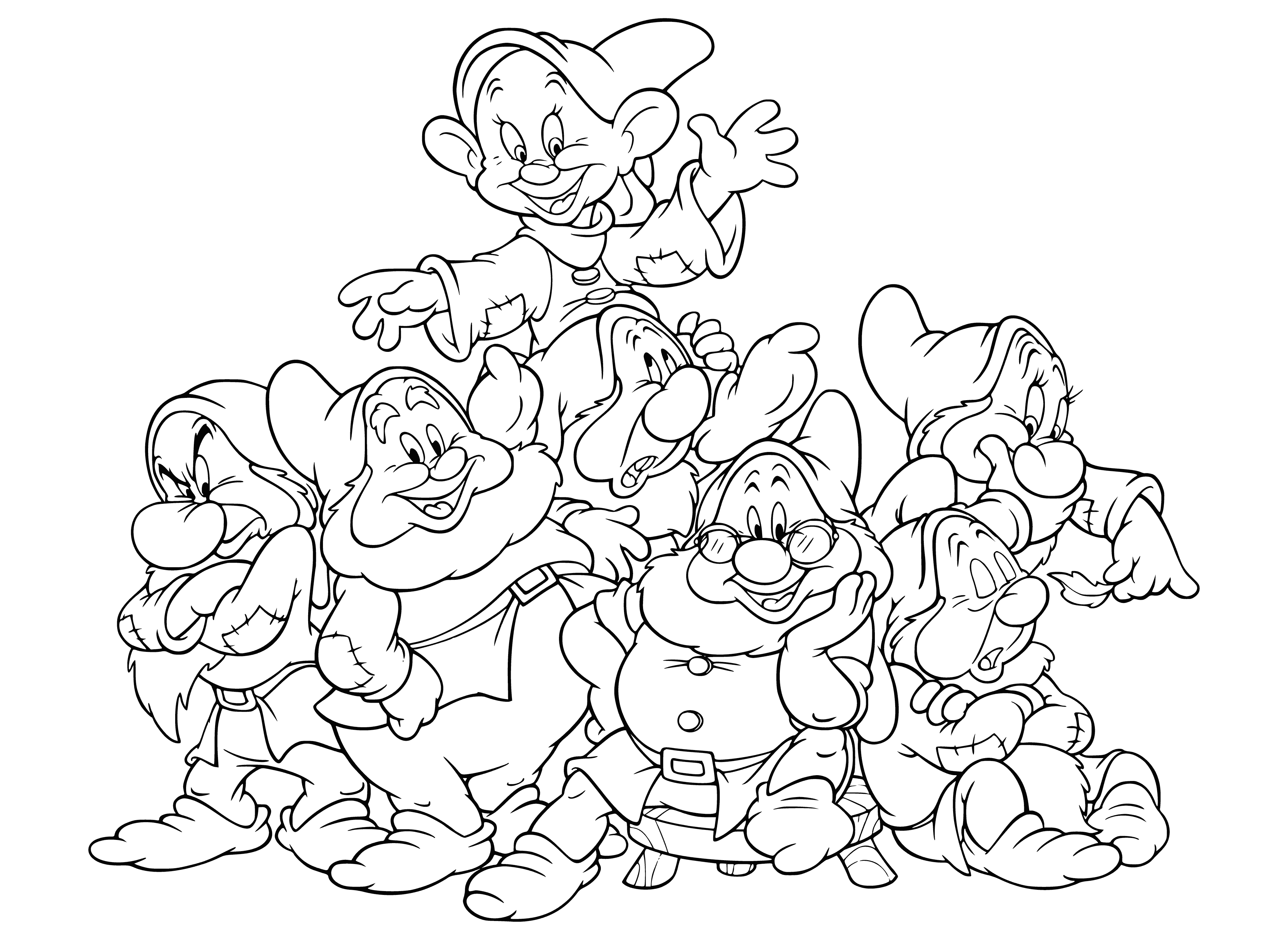 coloring page: Seven dwarves, of various heights and bearded faces, are shown in a line on a coloring page. They each have a different colored shirt and hat, and seem to be looking at something in the distance.