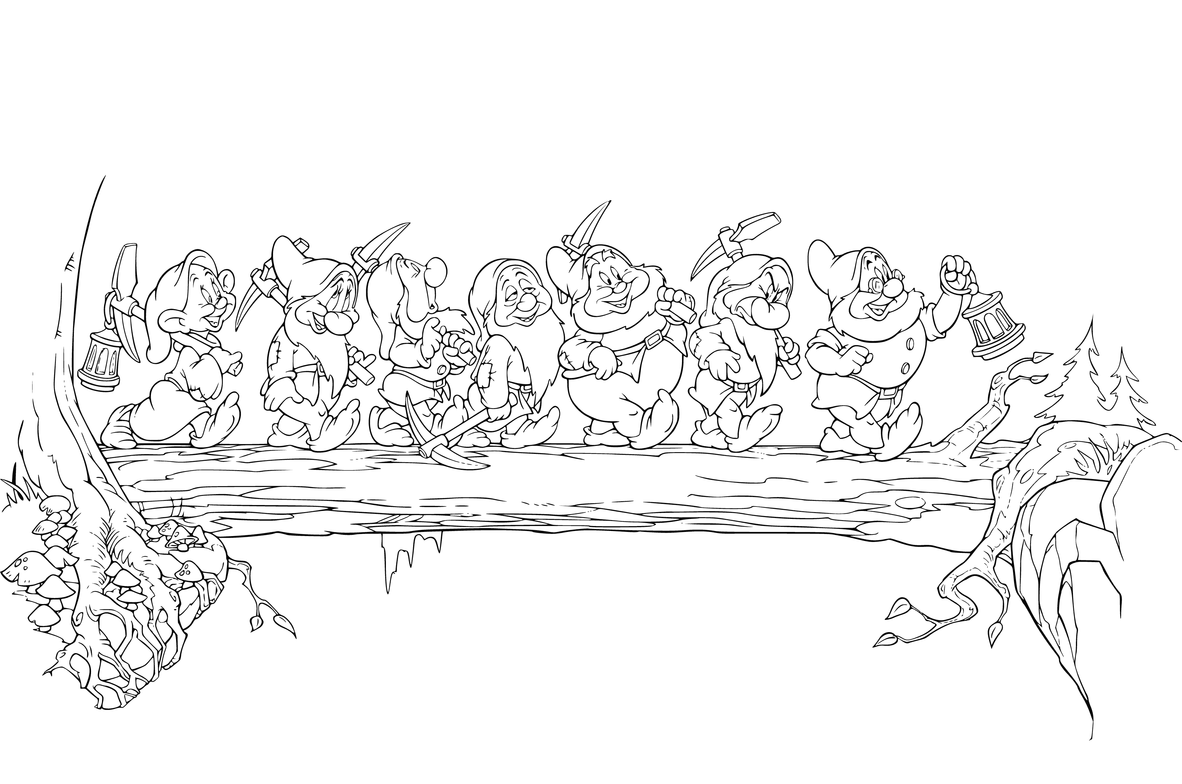 coloring page: 7 people in a line wearing leaf/dirt clothes, looking at something off to side - all with big noses!