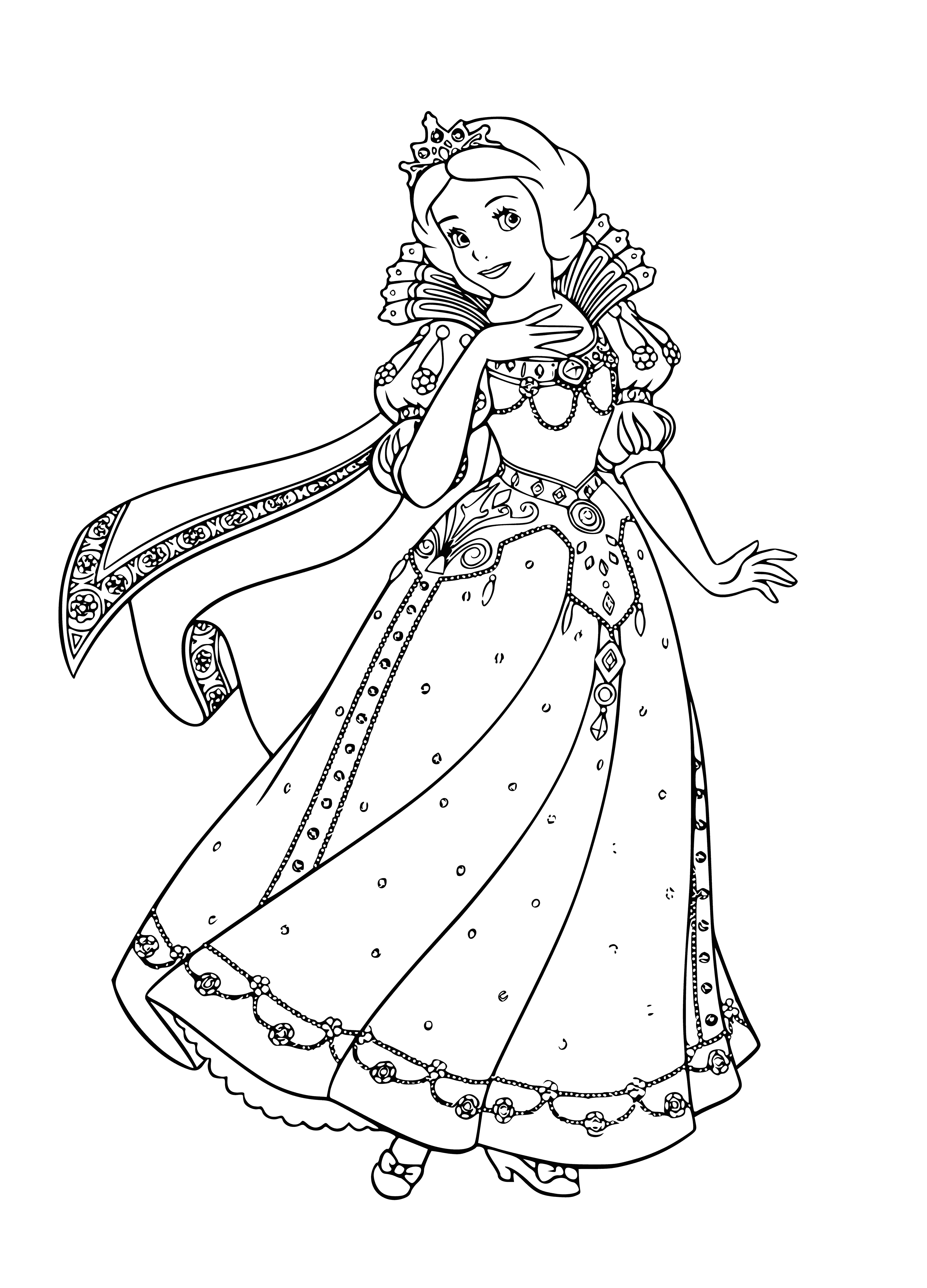 coloring page: Beautiful girl w/ long black hair in woods wearing white dress & red cape, holding basket.