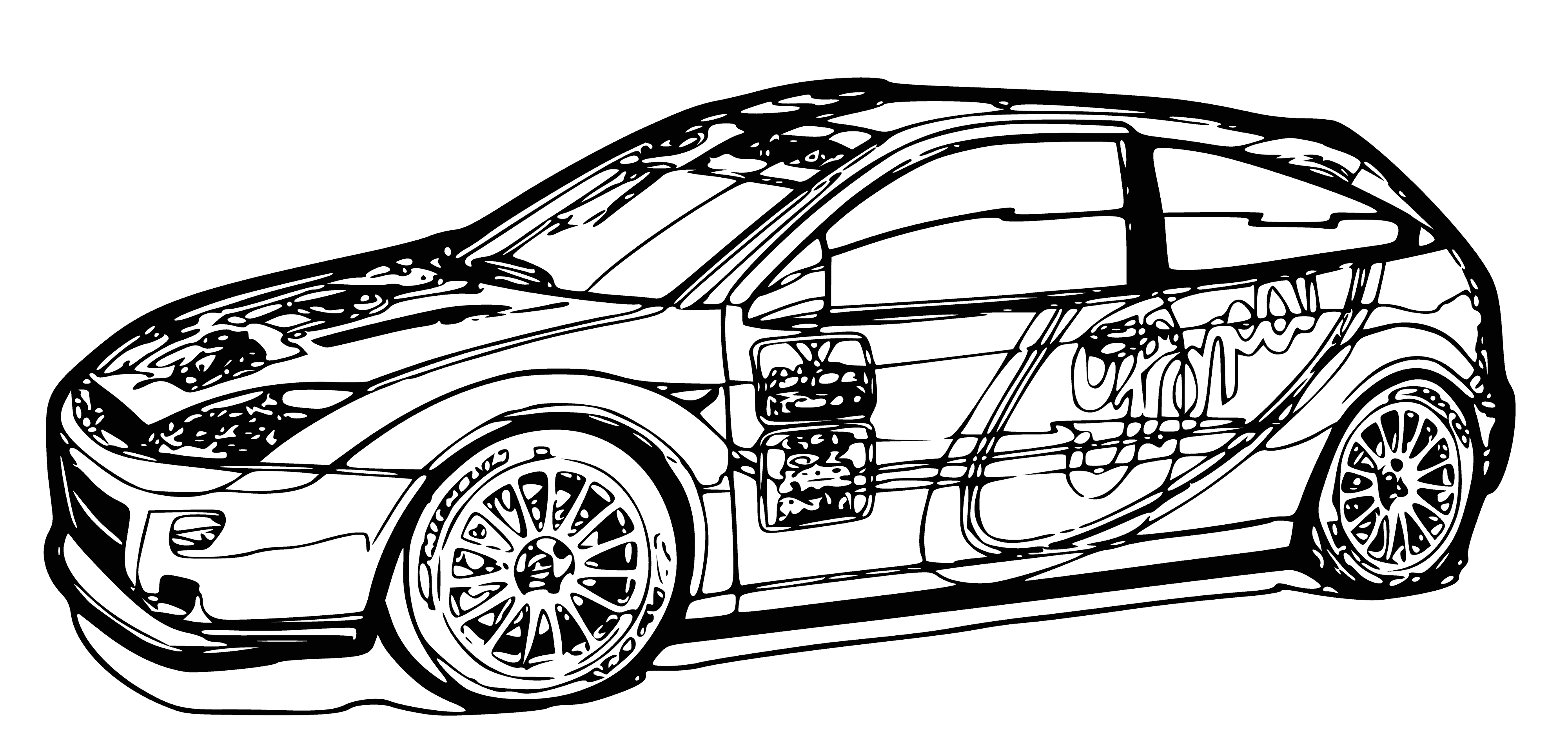 coloring page: Blue car leads race, followed by red car, with white, black and grey cars also in race. #racingcars
