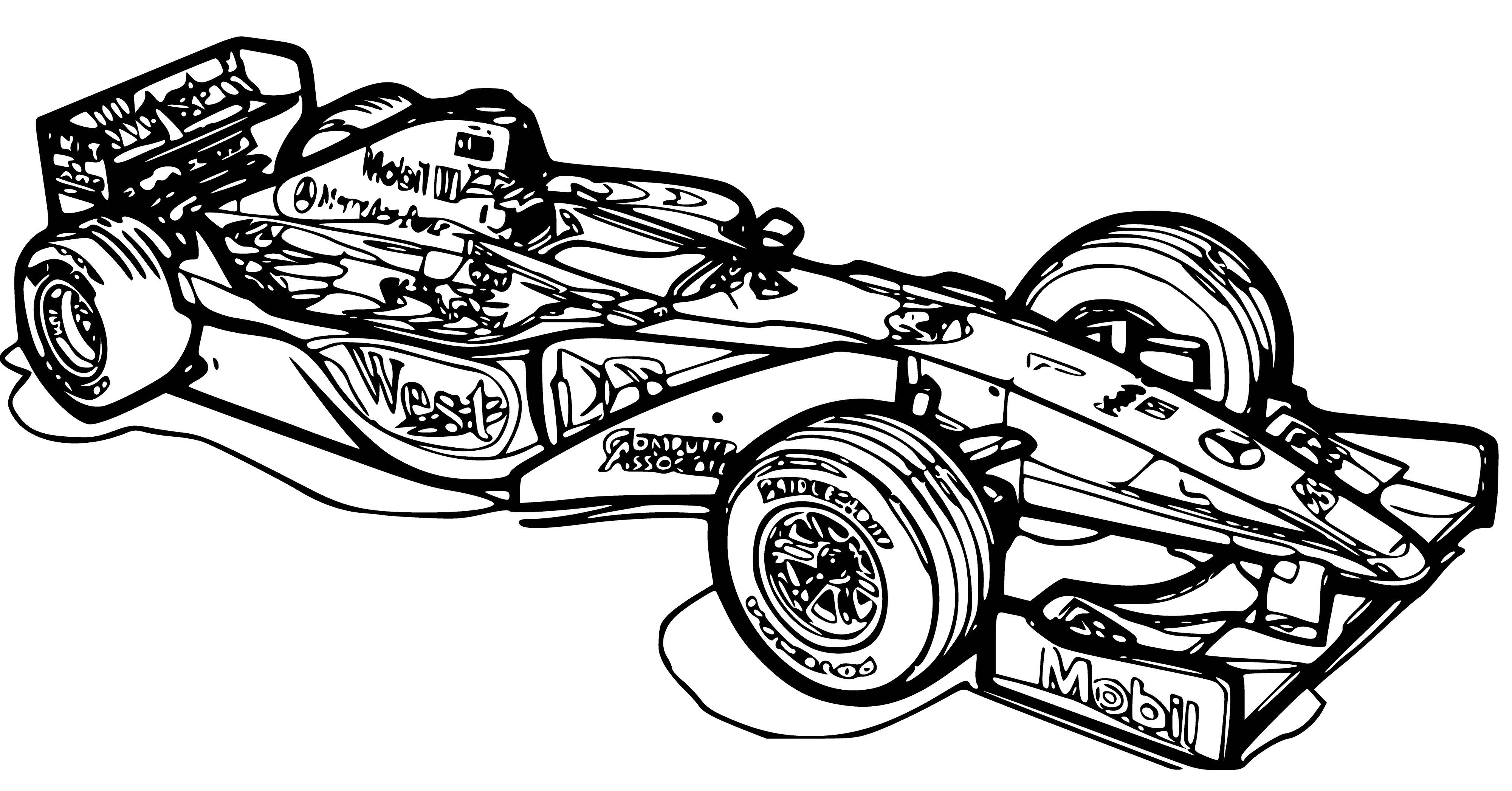 coloring page: 3 cars racing on dirt track; bg has trees, mountains.