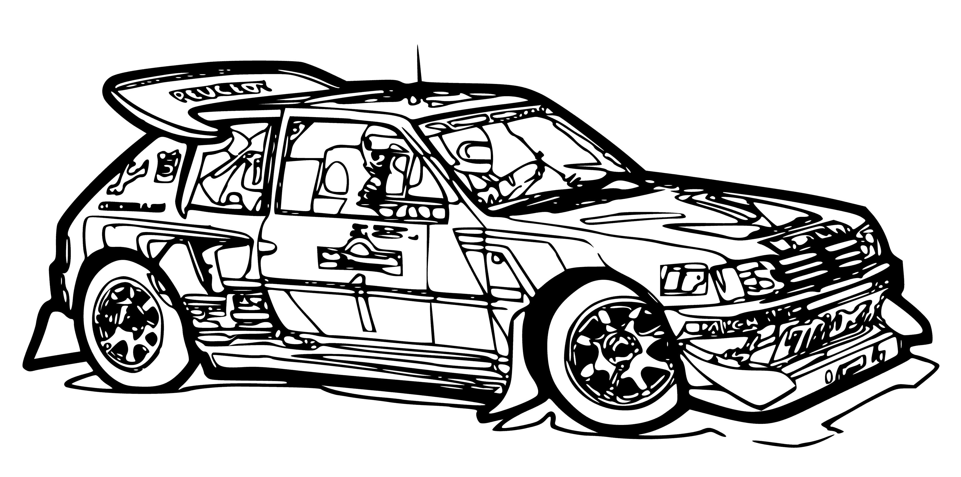 coloring page: Racing-themed coloring page with cars, people, race & parked cars. Spectators & drivers race for glory with cars of different designs & colors.
