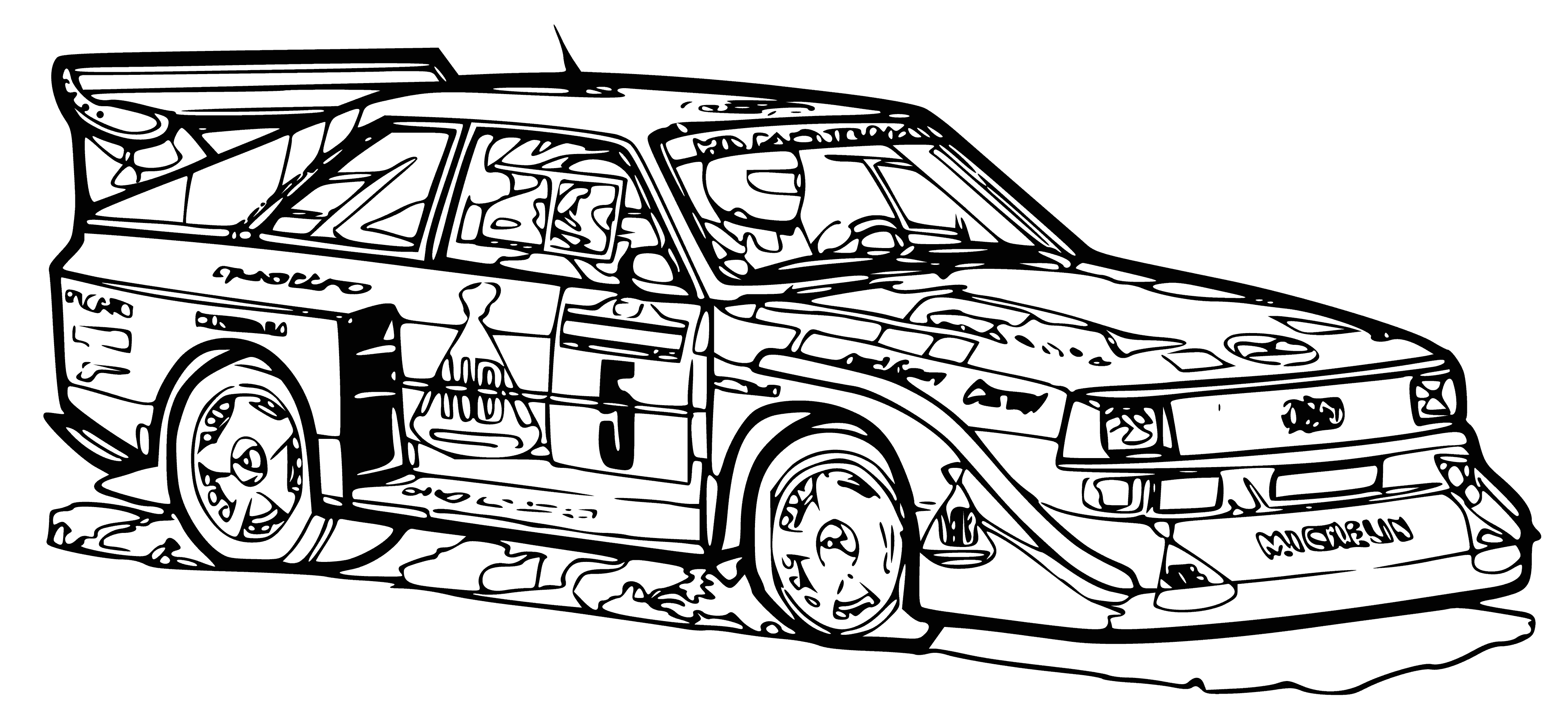 coloring page: Two cars race on a dirt rd, one in front of the other, hoods up. A tree in bg.