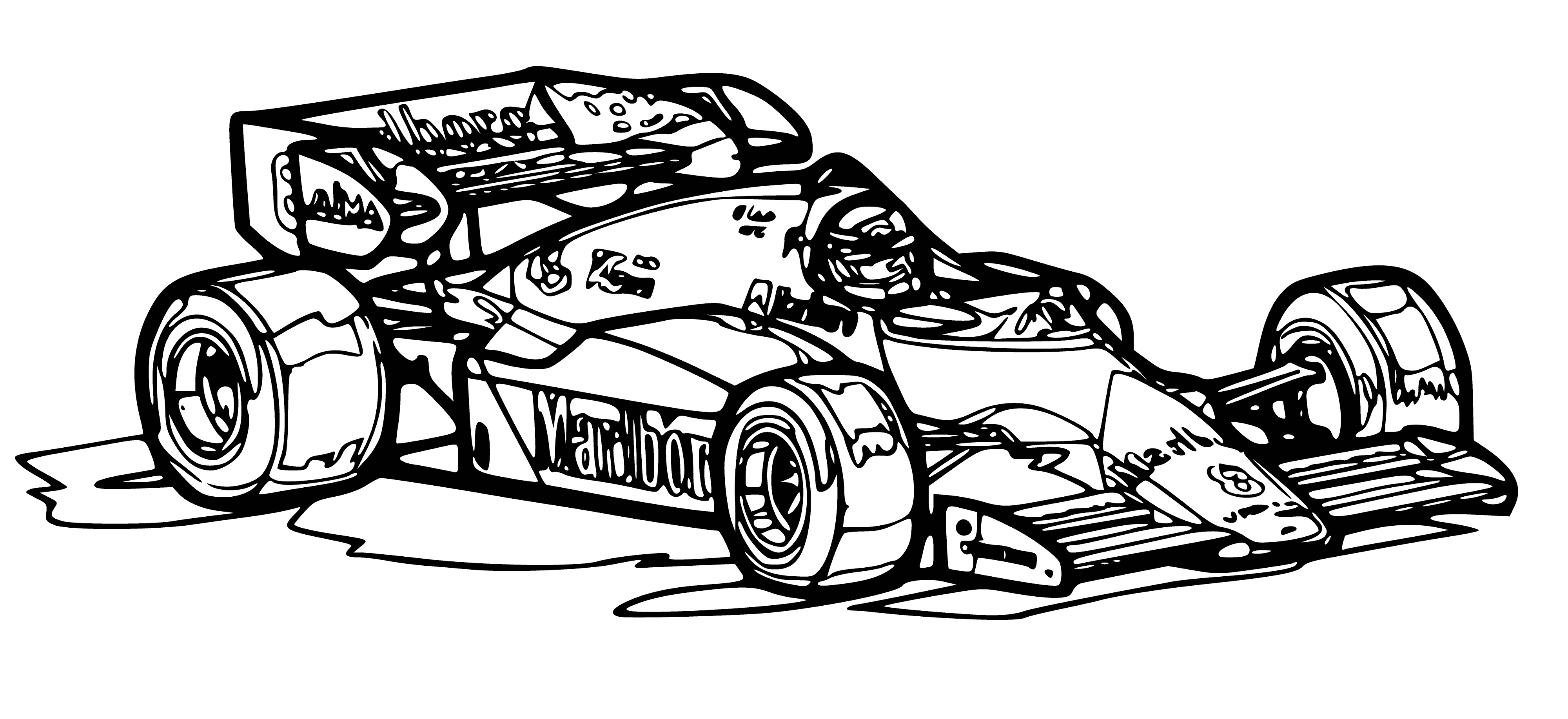 coloring page: Crowd gathered around track: 2 cars race around curve w/ big engines & sleek designs. Both cars have sponsors' logos.