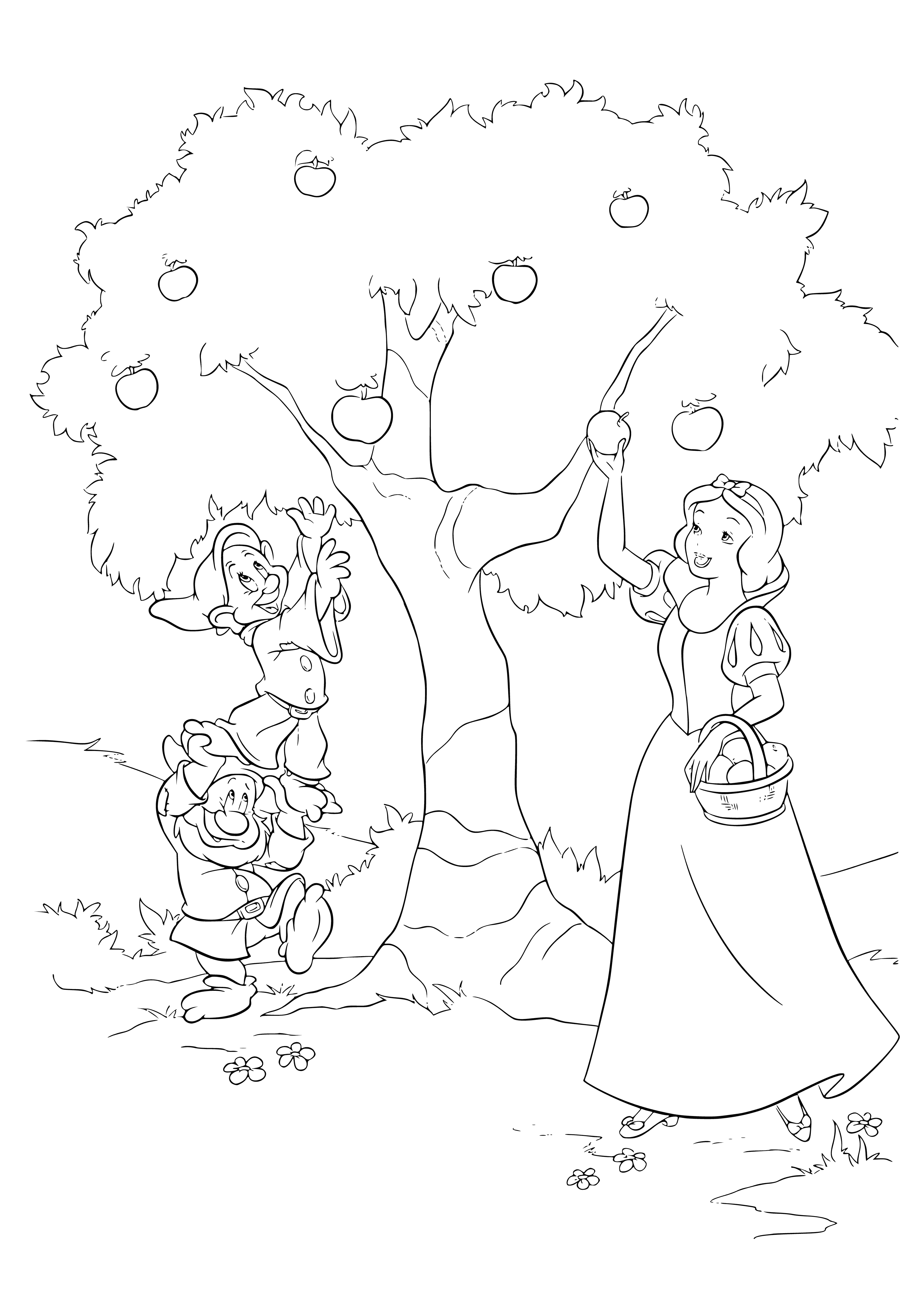 coloring page: Snow White stands in a forest clearing holding a basket & apple. Behind her are 7 dwarves in red shirts & brown pants, with different colored hair.