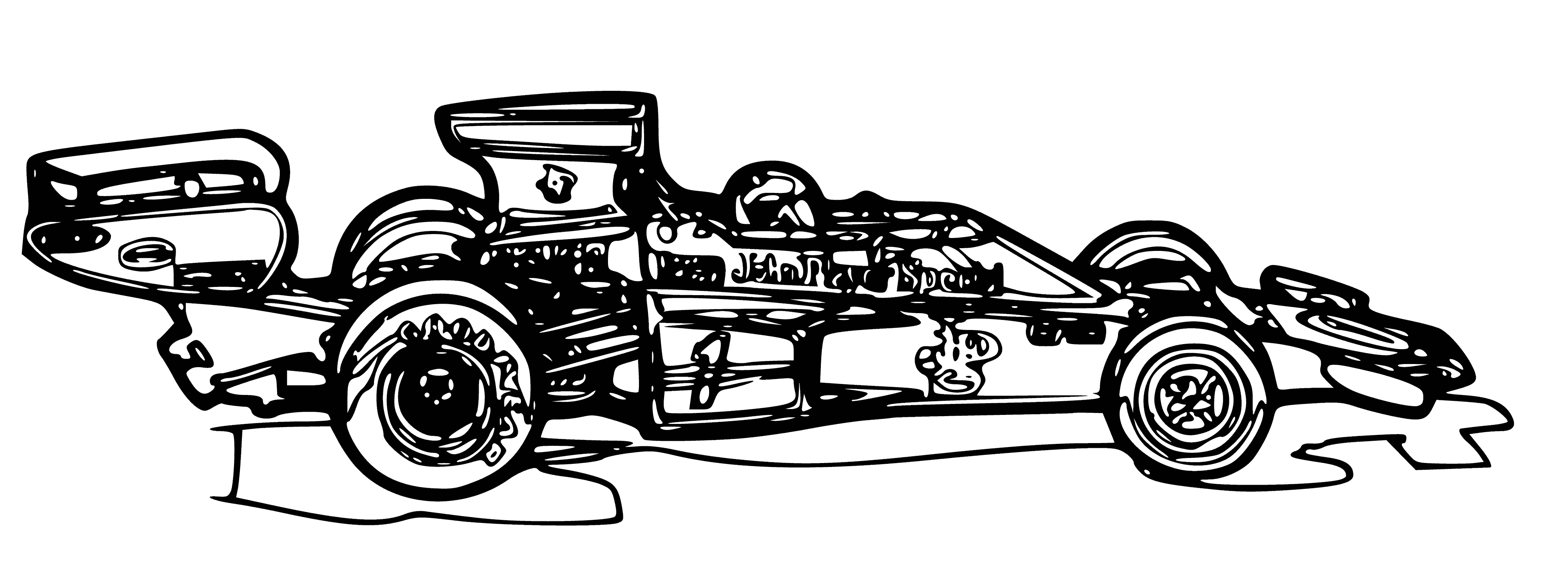 coloring page: A black and white car with a "6" races, followed closely by a blue car, on a track. #racing