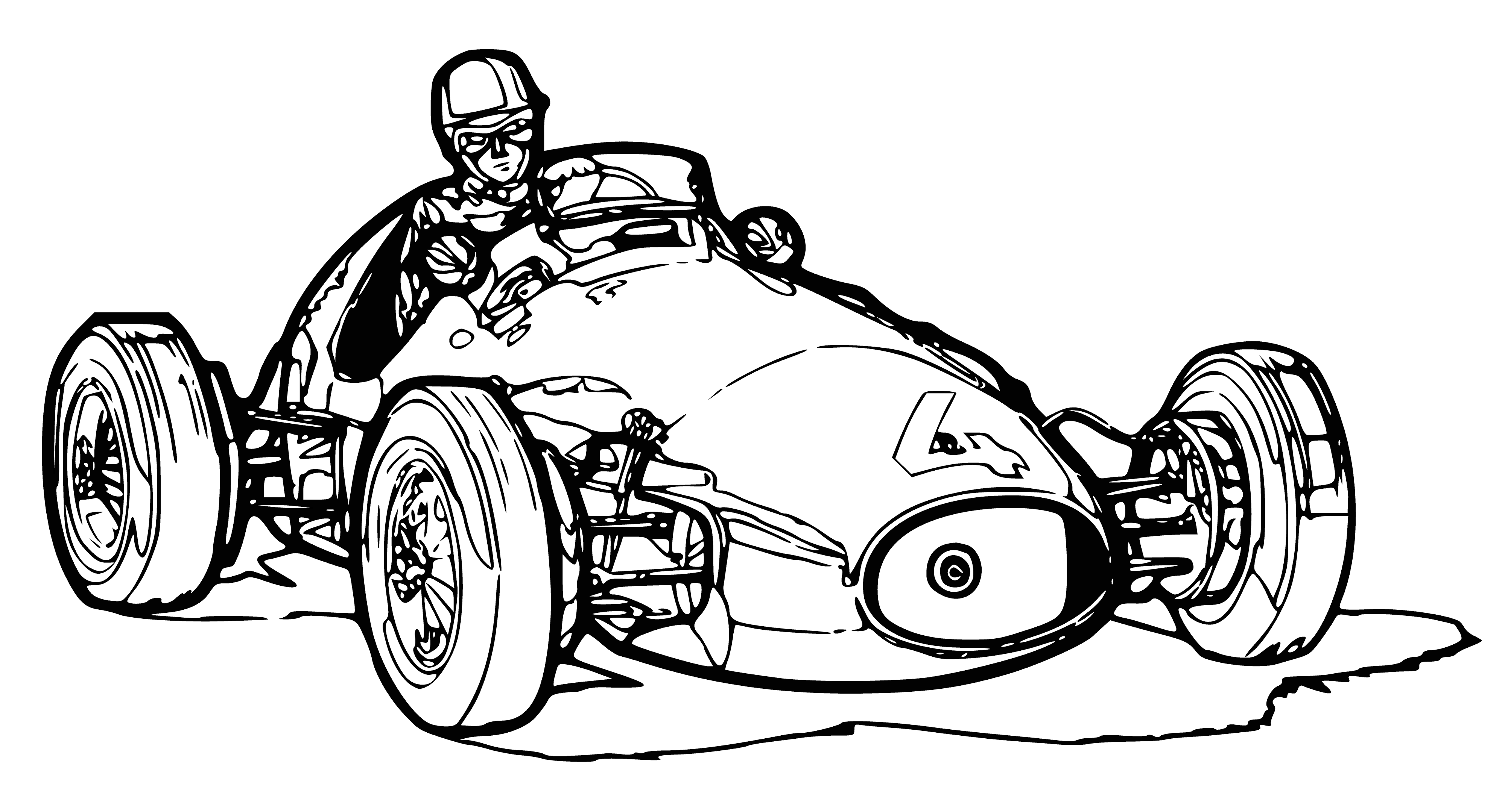 coloring page: 3 racers - yellow, blue, red - racing a dirt track, with people watching.