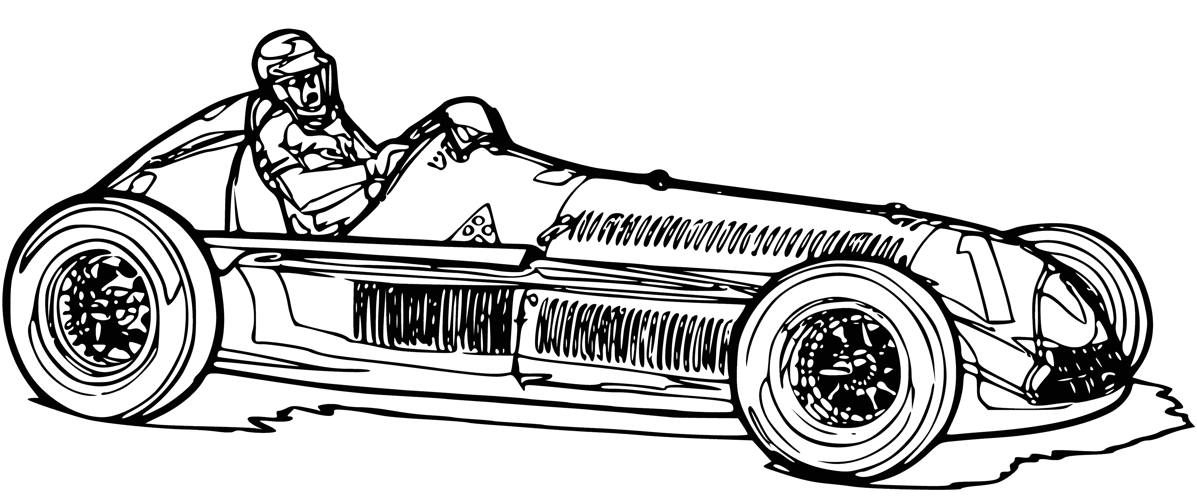 coloring page: 3 1950s Formula 1 racing cars zoom through a forest on a gravel road; drivers in each! Perfect for coloring in b&w.