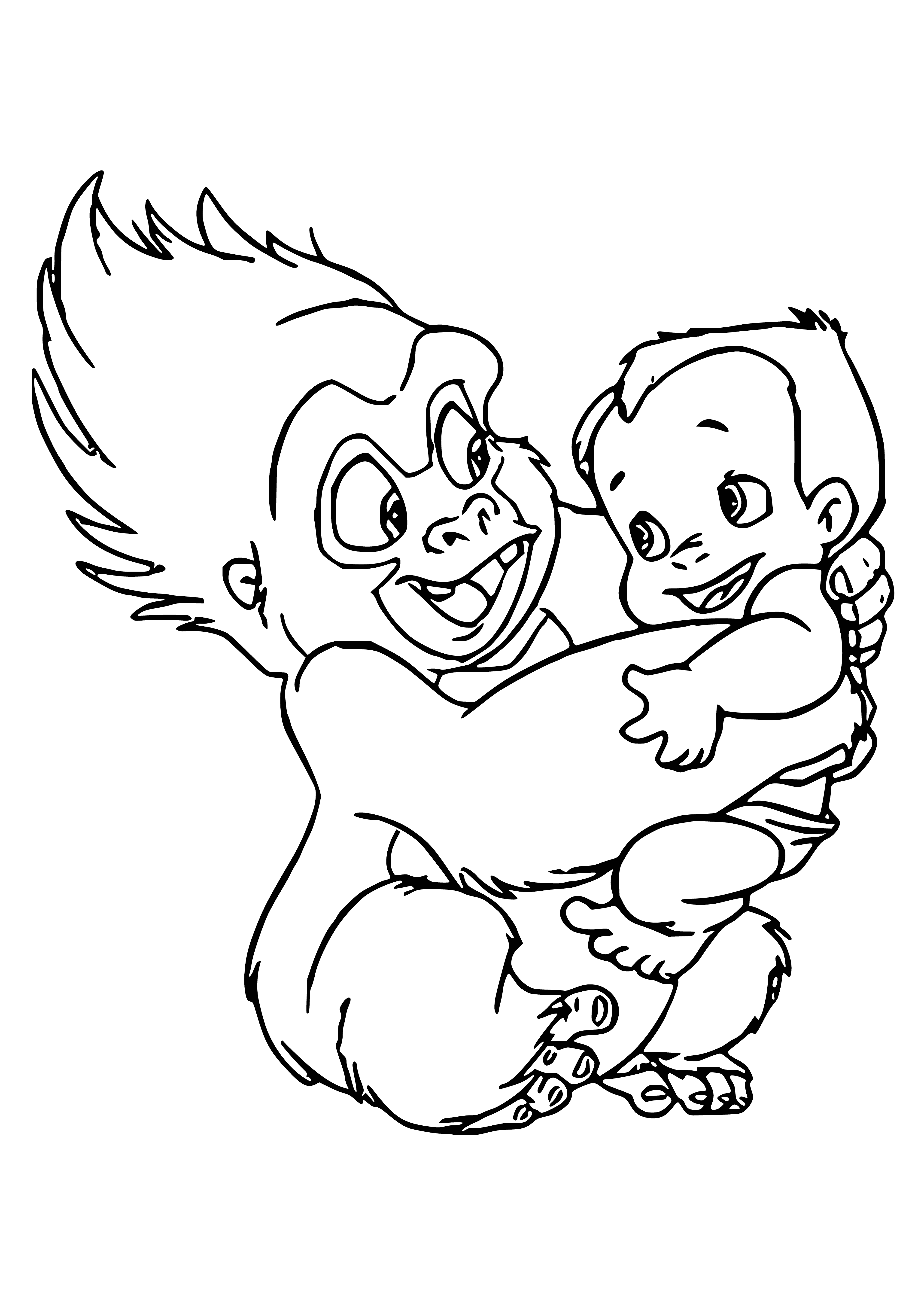 coloring page: Gorilla Turk and baby Tarzan stare into the camera with opened mouths, attempting to communicate.