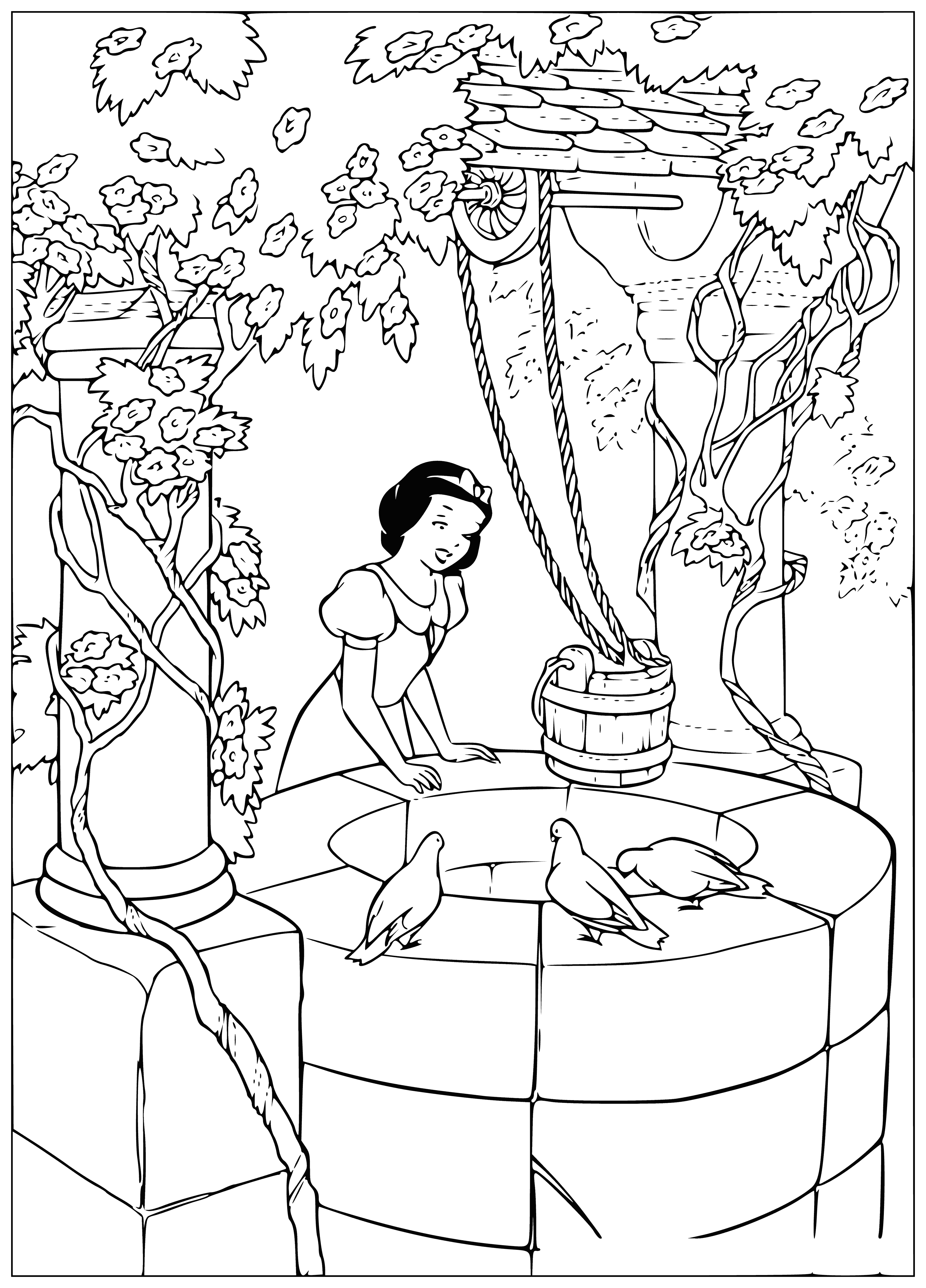 coloring page: Snow White kneels at a well, wearing blue and white, a bun of black; seven dwarves stare adoringly.