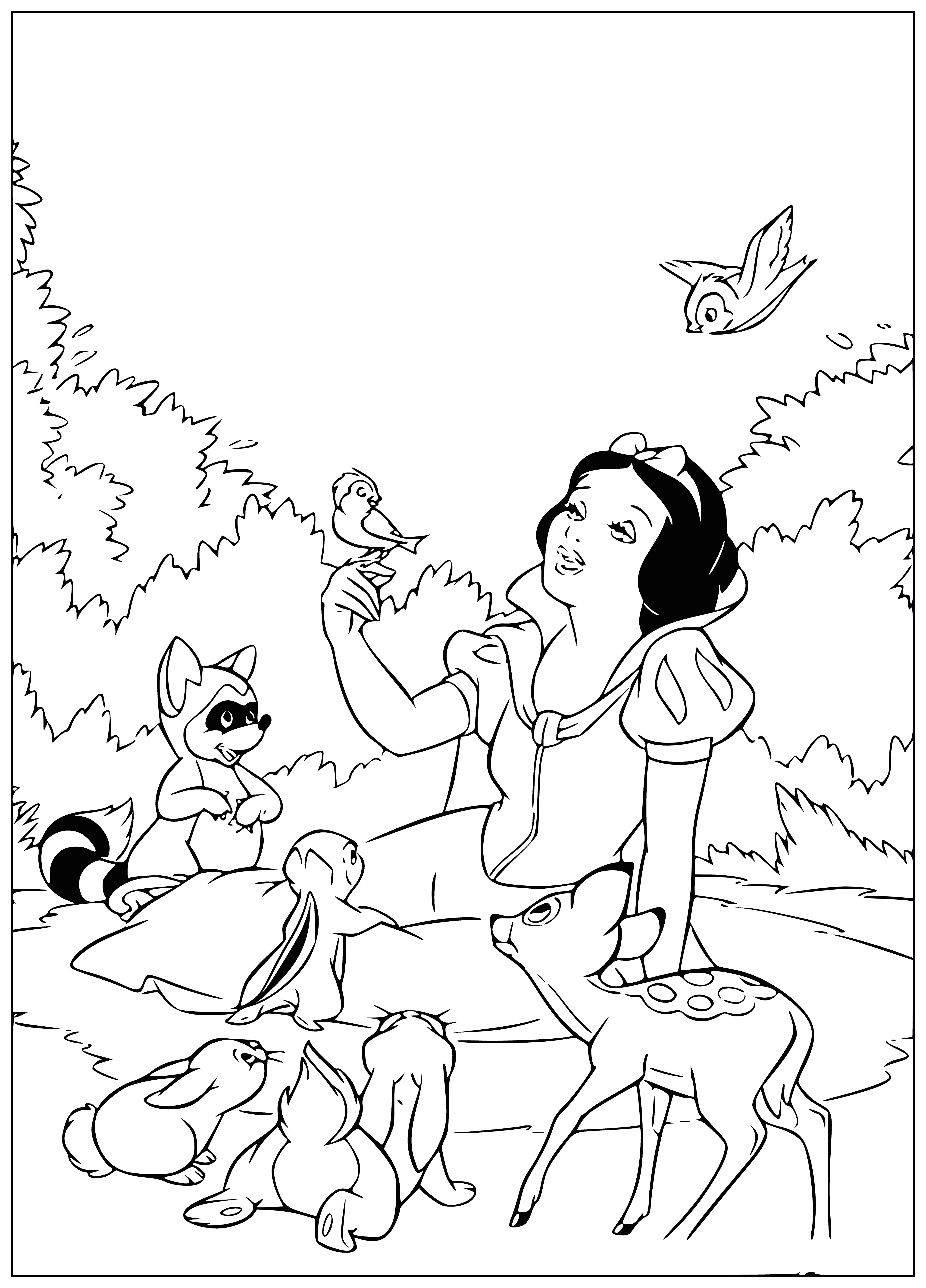 coloring page: Woman stands before 7 strange creatures: pointy ears, big noses, oversized clothes; they fear & wonder at her beauty.