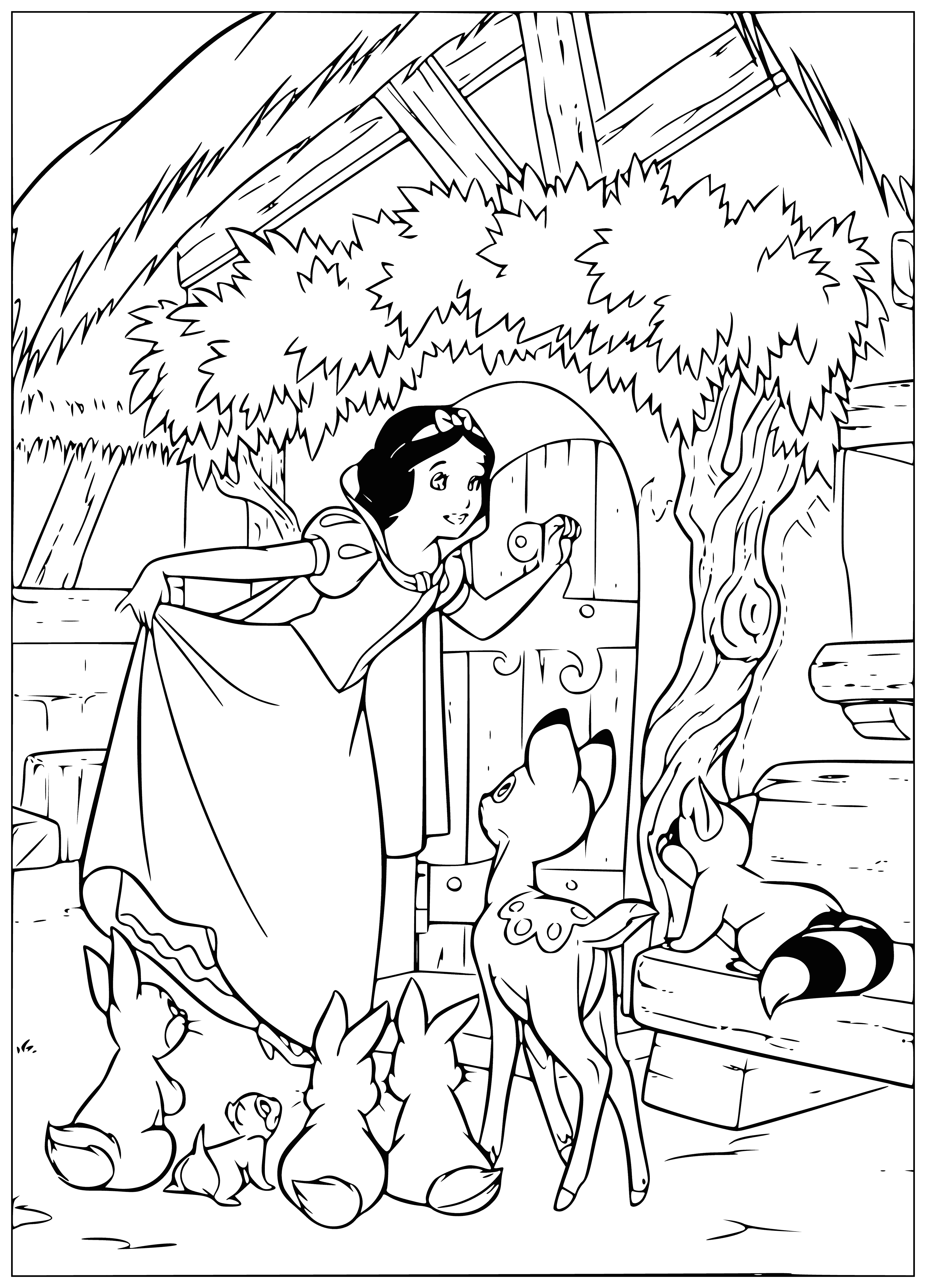 coloring page: Snow White finds a house with 7 beds and decides to take a nap there.