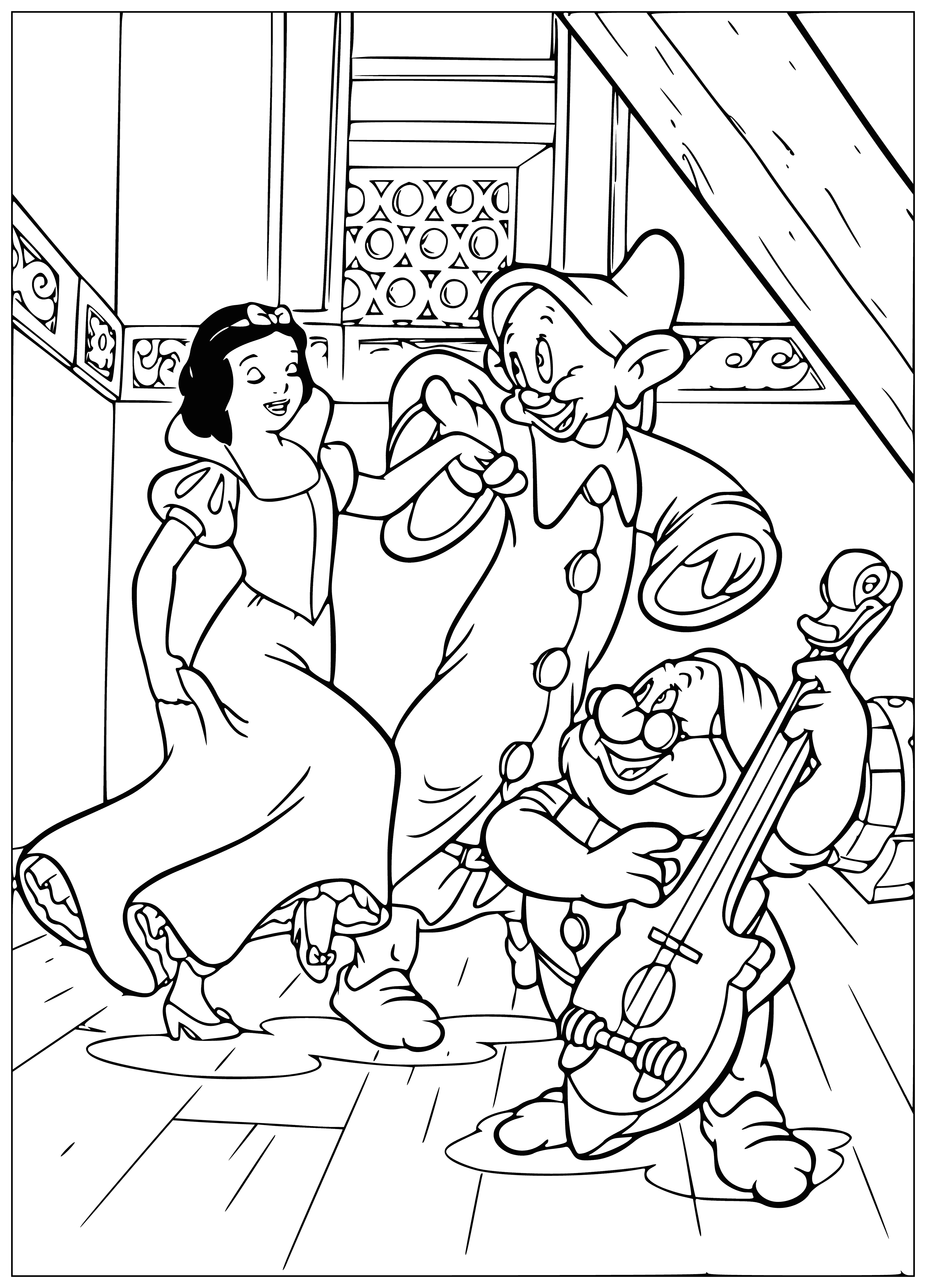 coloring page: Snow White cleans and sings in the Dwarfs' cottage, while outside they chop wood. #happilyeverafter