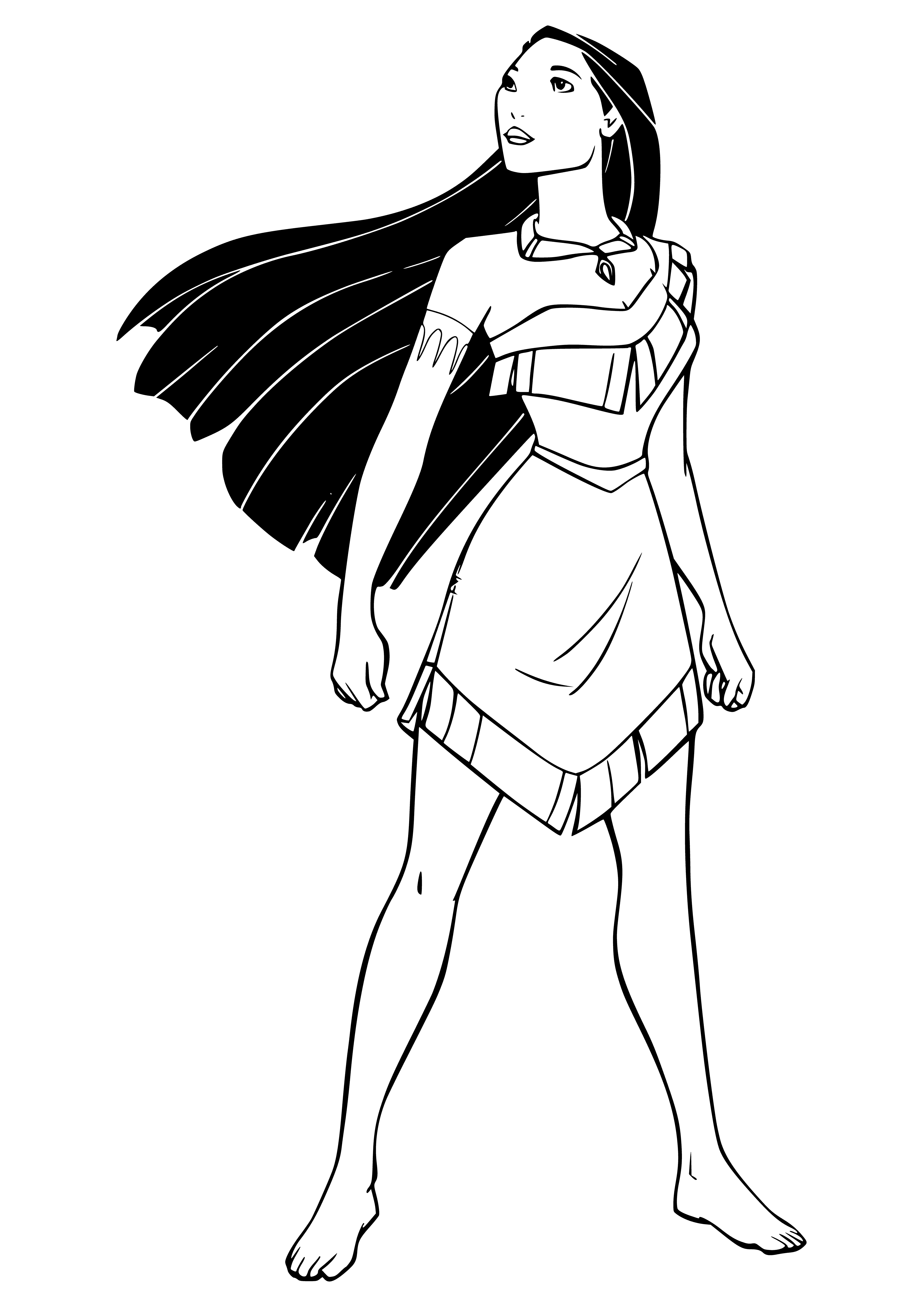 coloring page: Woman in light-colored dress and feathered hair standing in front of a tree.