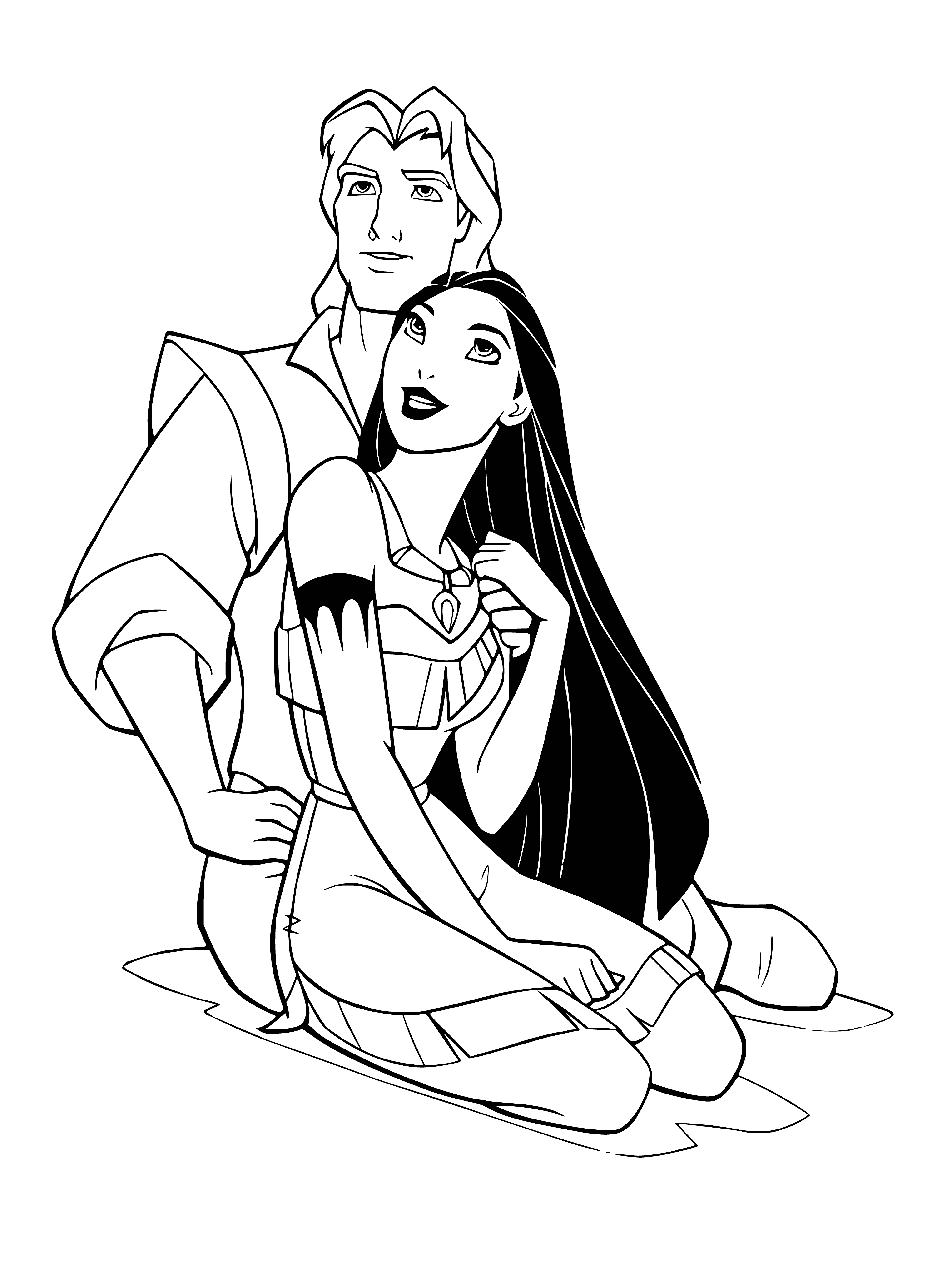 coloring page: John Smith and Pocahontas stand together, him holding a gun and her a feather, both in contemporary dress.