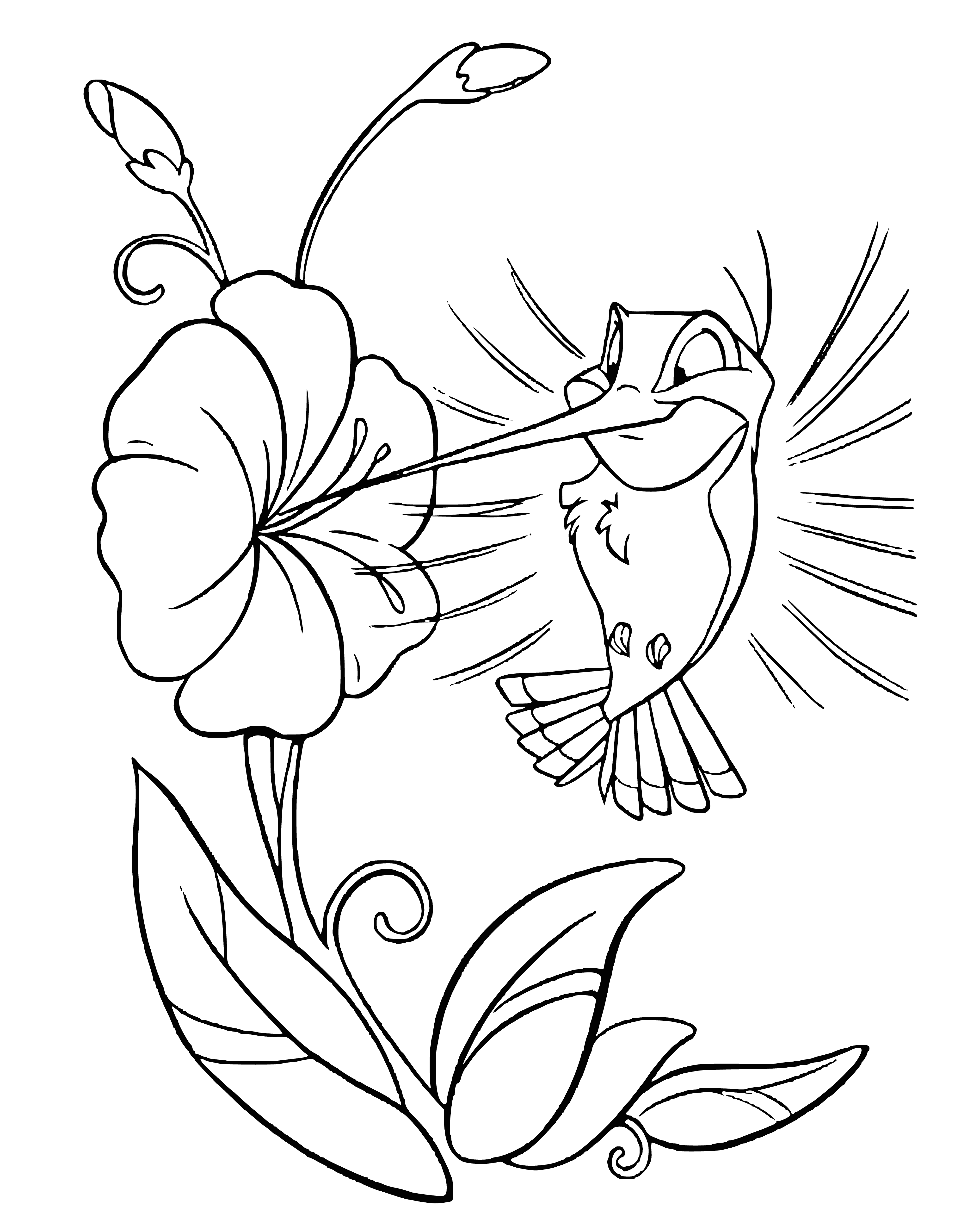 coloring page: Two blue hummingbirds with green accents, curved beaks and black eyes fly side-by-side on this coloring page.