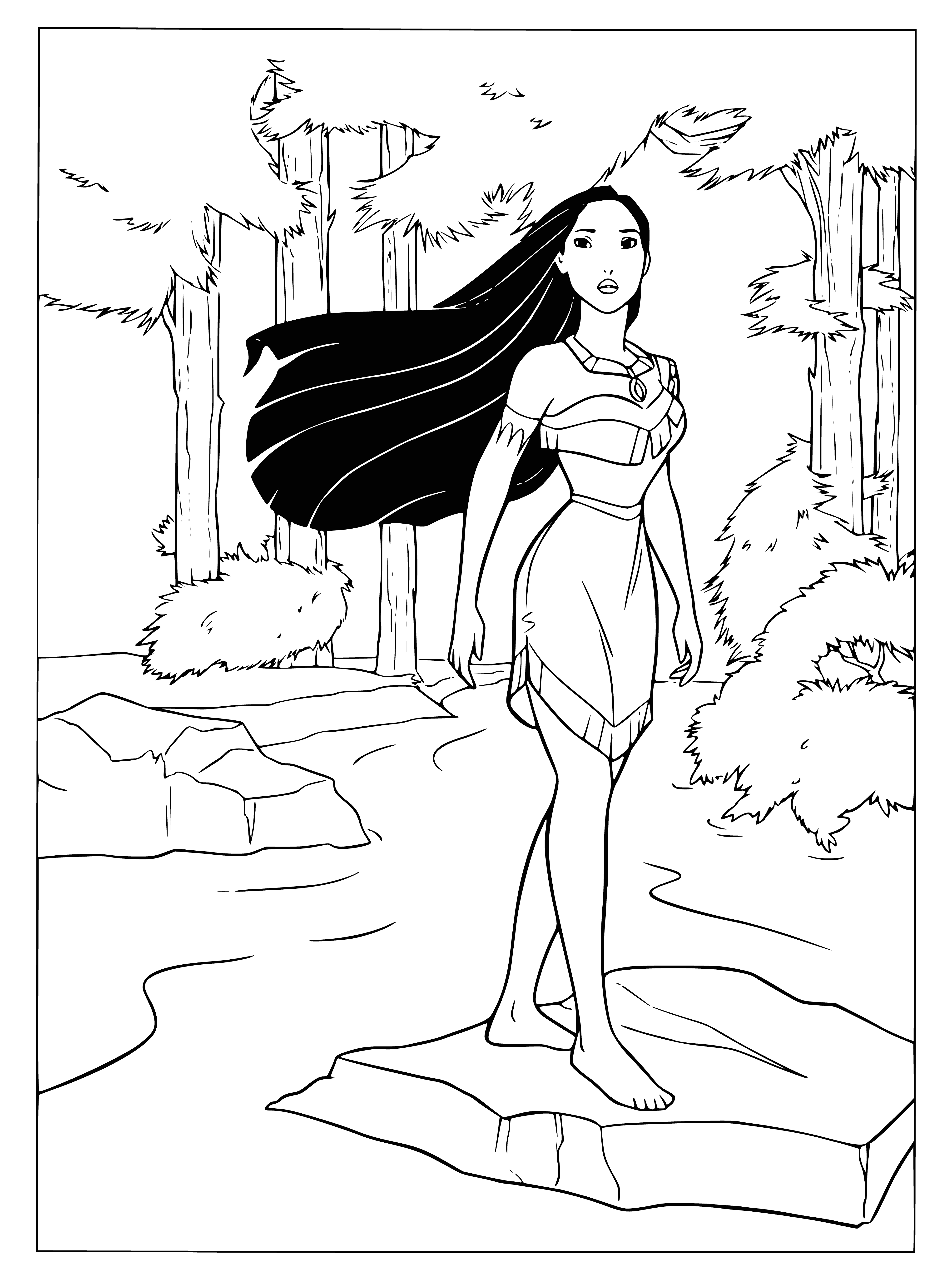 coloring page: Native American woman in brown dress w/ arms crossed stands before a group; long black hair.