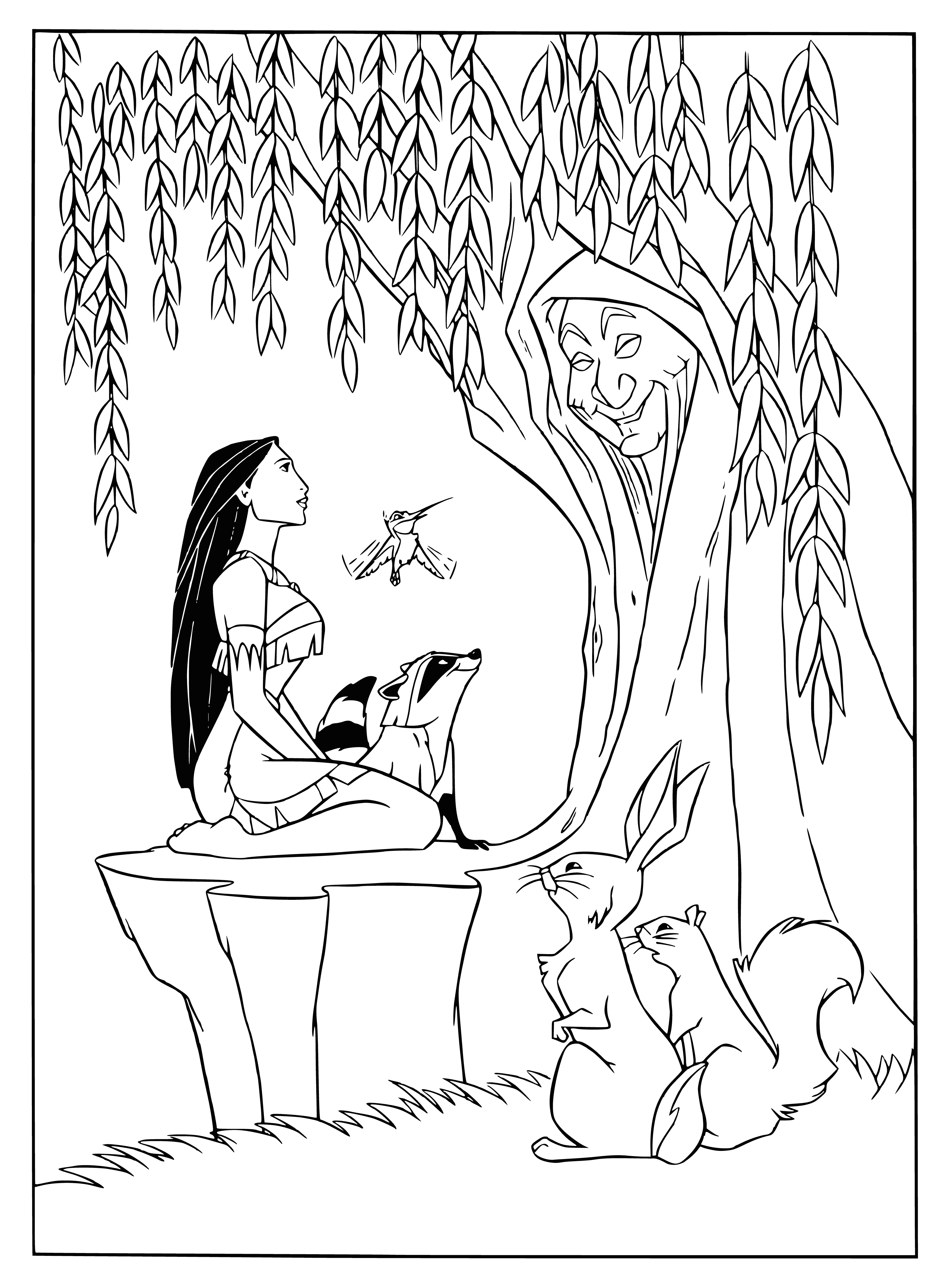 coloring page: Pocahontas happily reunites with her grandmother and chats happily.