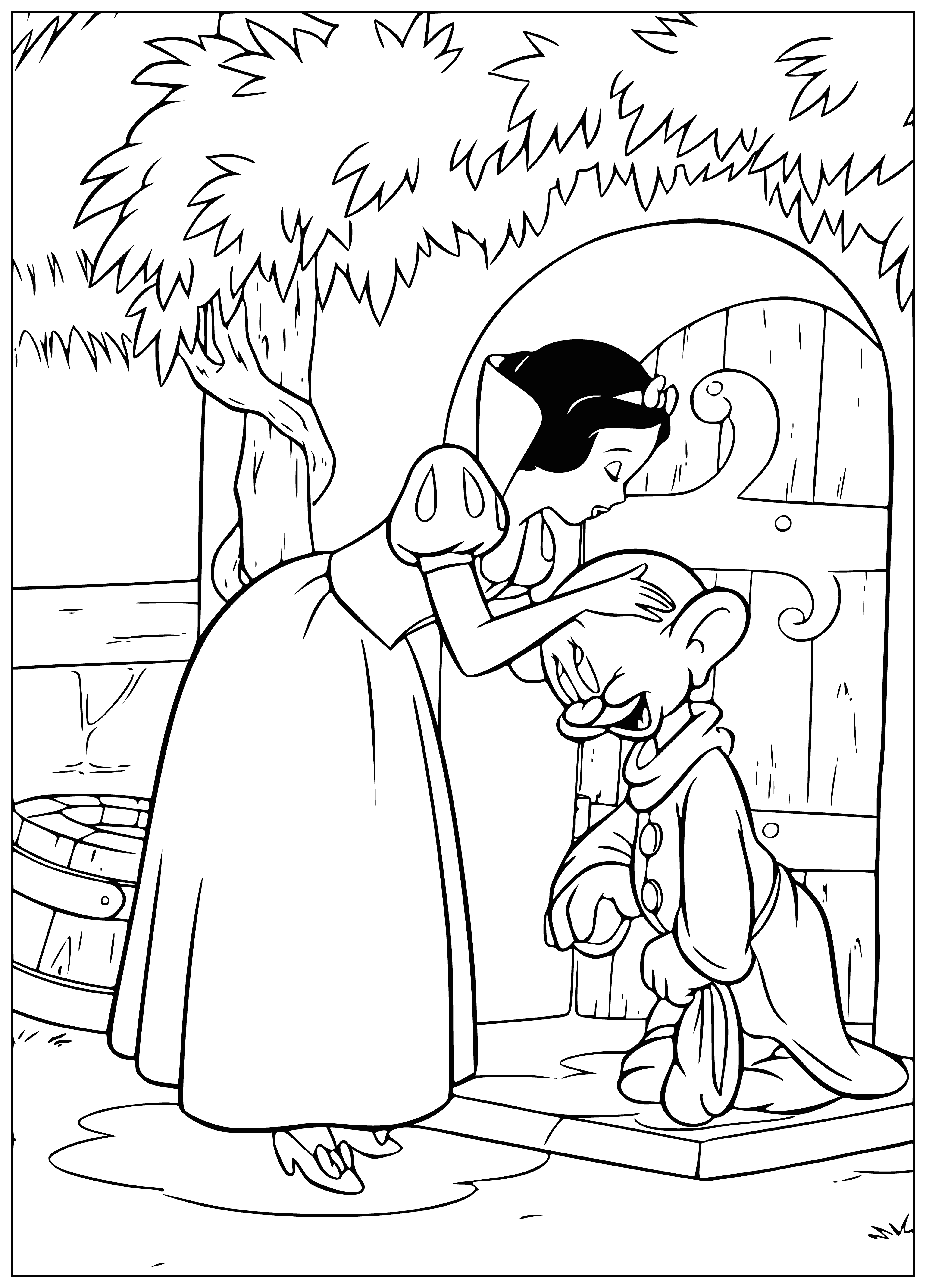 Snow White loves the dwarfs coloring page