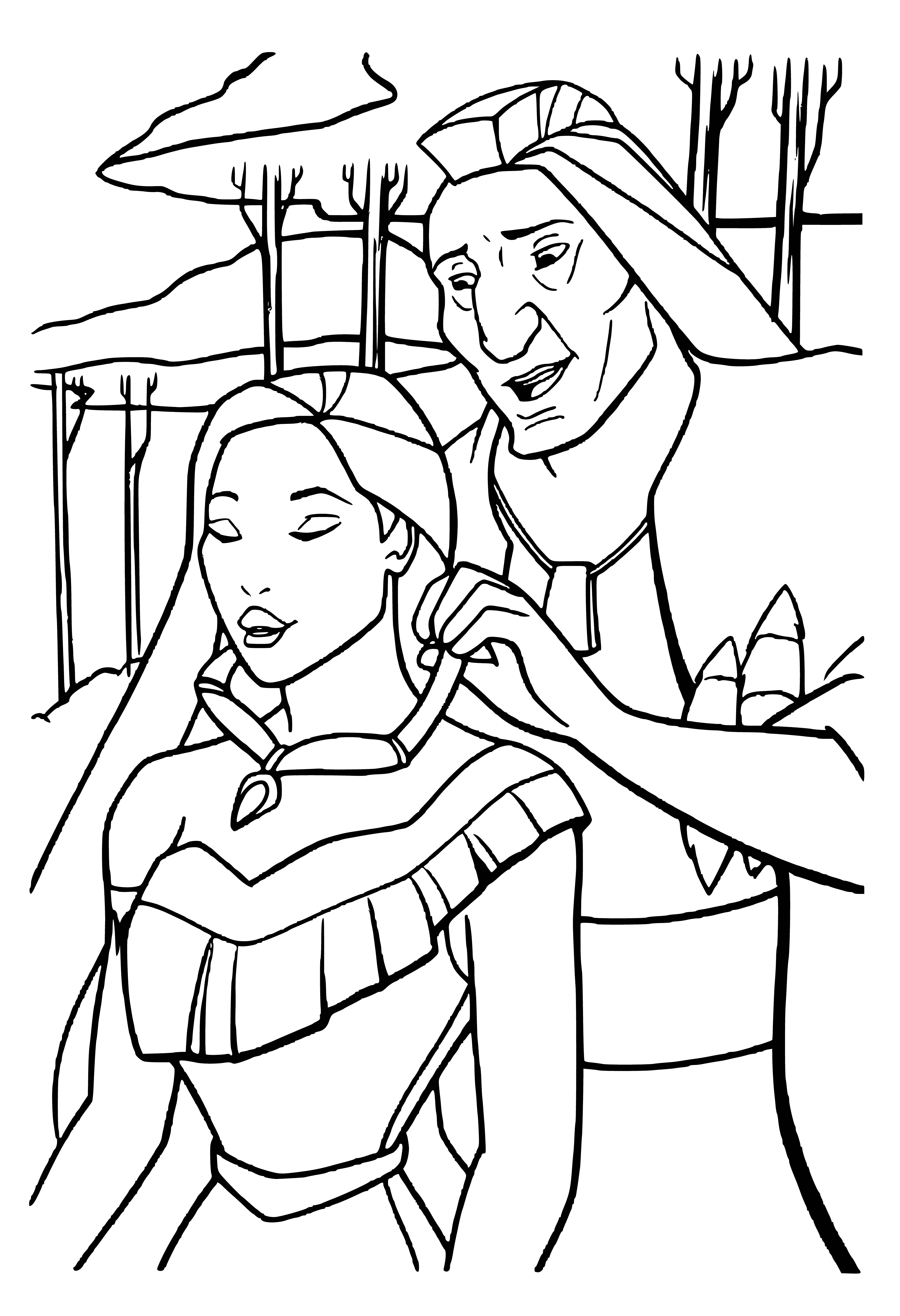 coloring page: Father holds necklace out to mother - large dark stone in center surrounded by feathers and beads.